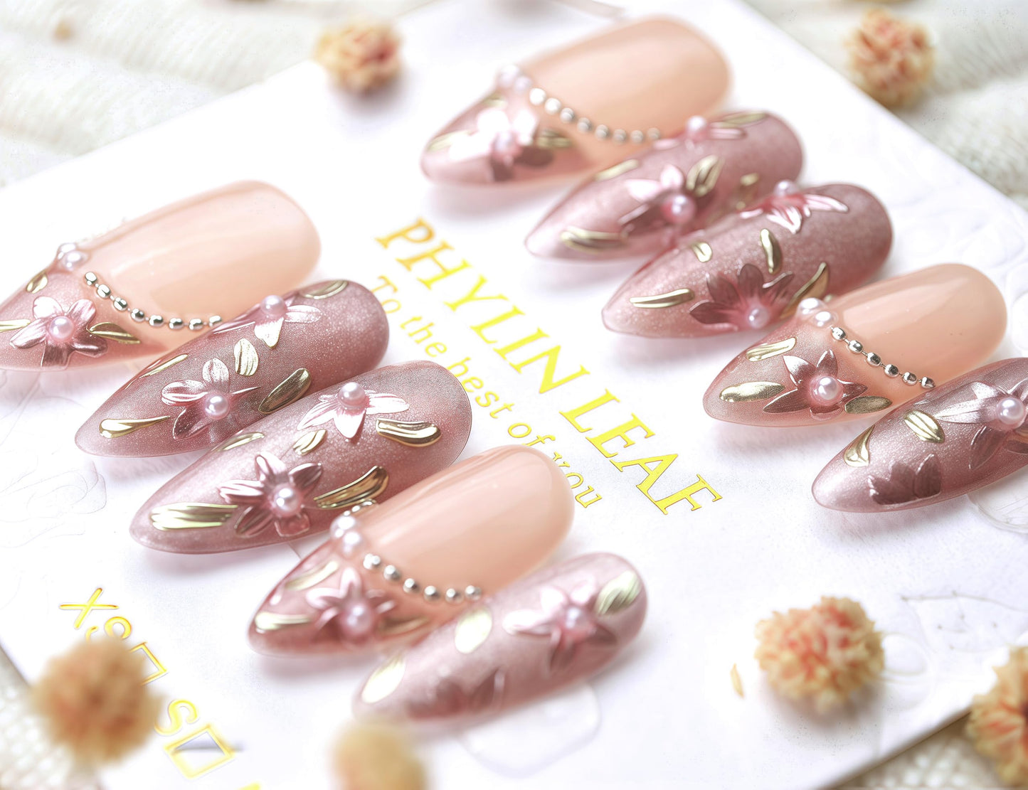 Handmade Press On Nails impress Fake Nails Medium Almond pink Ice flowers Hand Painting Pearl Crystal Manicure False press ons Nail Artificial (M size)