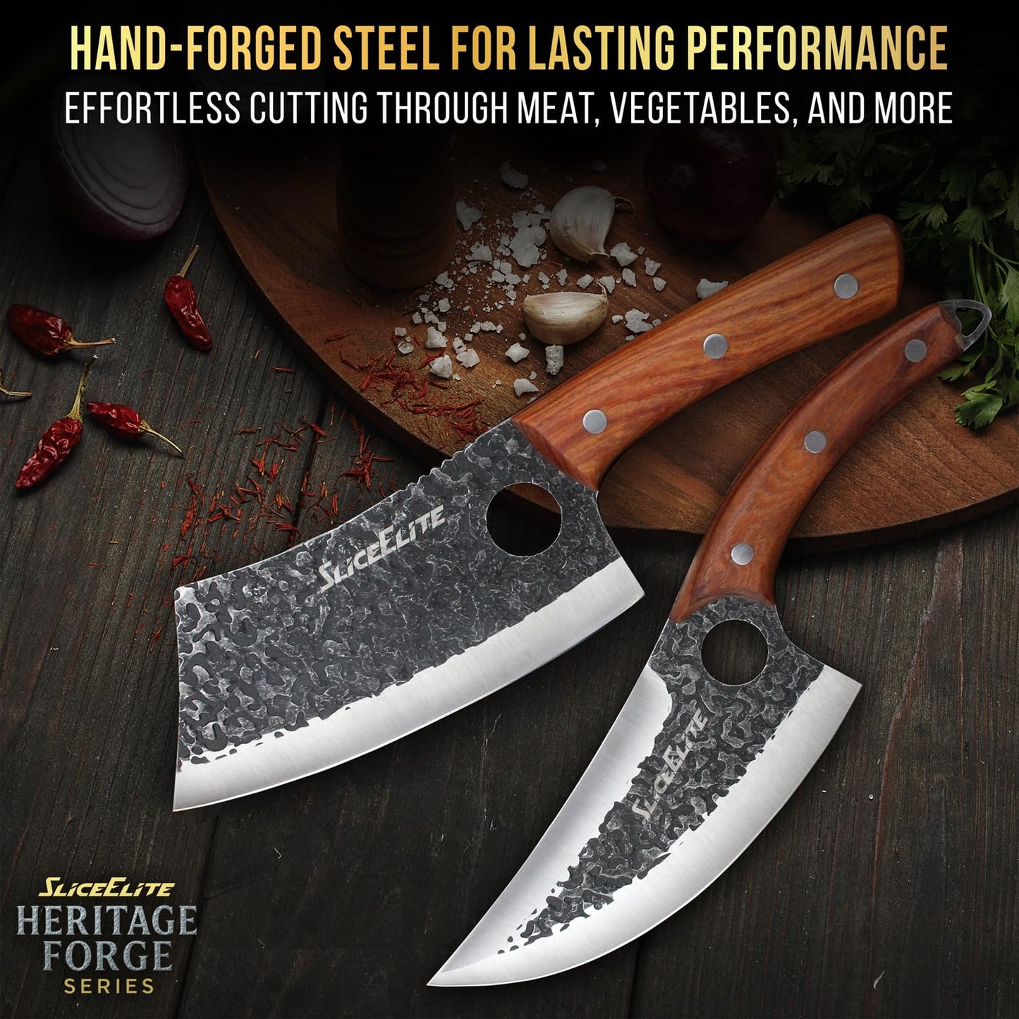 SliceElite 2PCS Hand-Forged Butcher Knife Set | Cleaver & Viking Knives for Meat Cutting | Professional Chef Knife Gift Box, Perfect BBQ Tool for Men