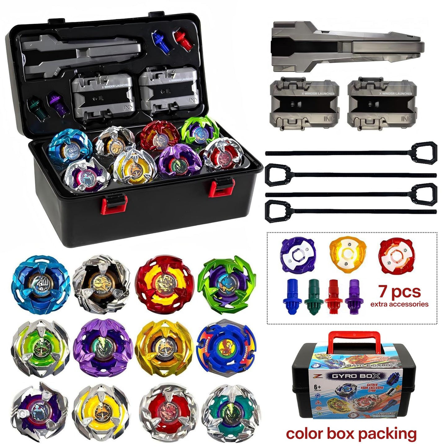 Battle Spinning Top Set with 12 Colorful Tops, Launchers and Accessories, Combat Game Collection
