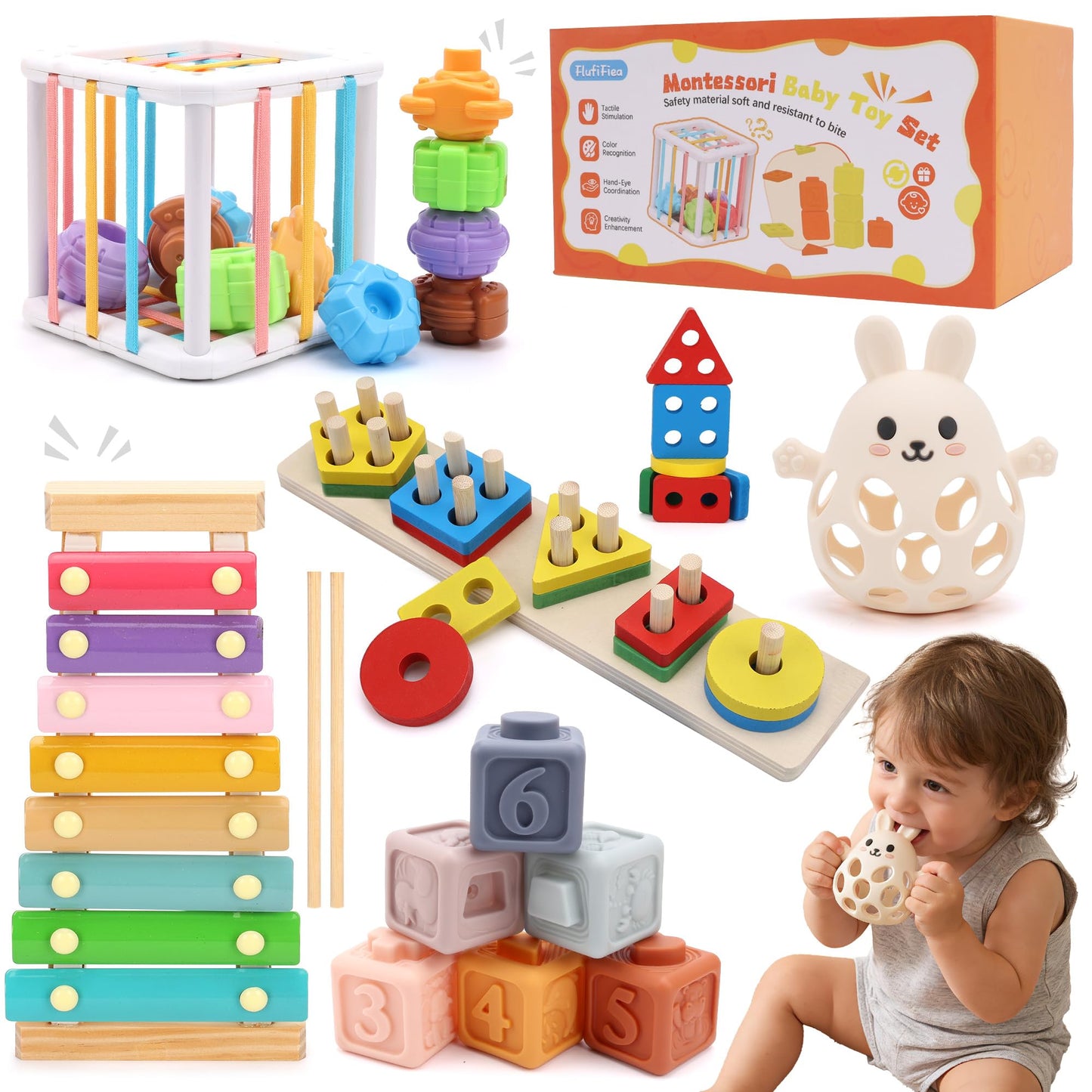FlufiFiea Baby Toys for 6-18 Months, 5-in-1 Montessori Educational Toy Set with Soft Teething Toy Stacking Blocks Rings Sensory Bin, Sorting Sensory Educational Learning Gift for Toddlers Aged 1-3