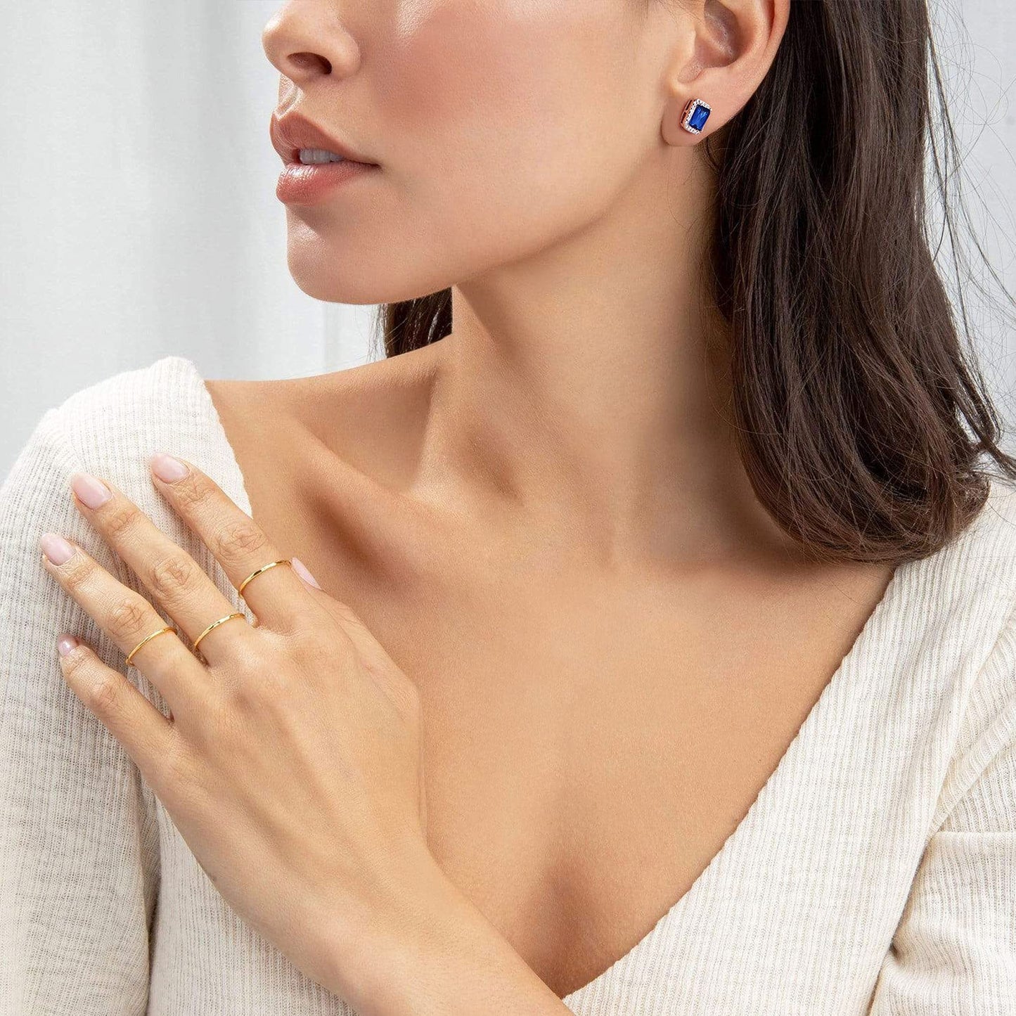 Bestyle Adorable September Sapphire Birthstone Stud Earrings 925 Sterling Silver CZ Square Gemstone Studs Earrings Great Birthday Gift for Wife/Mom/Grandma