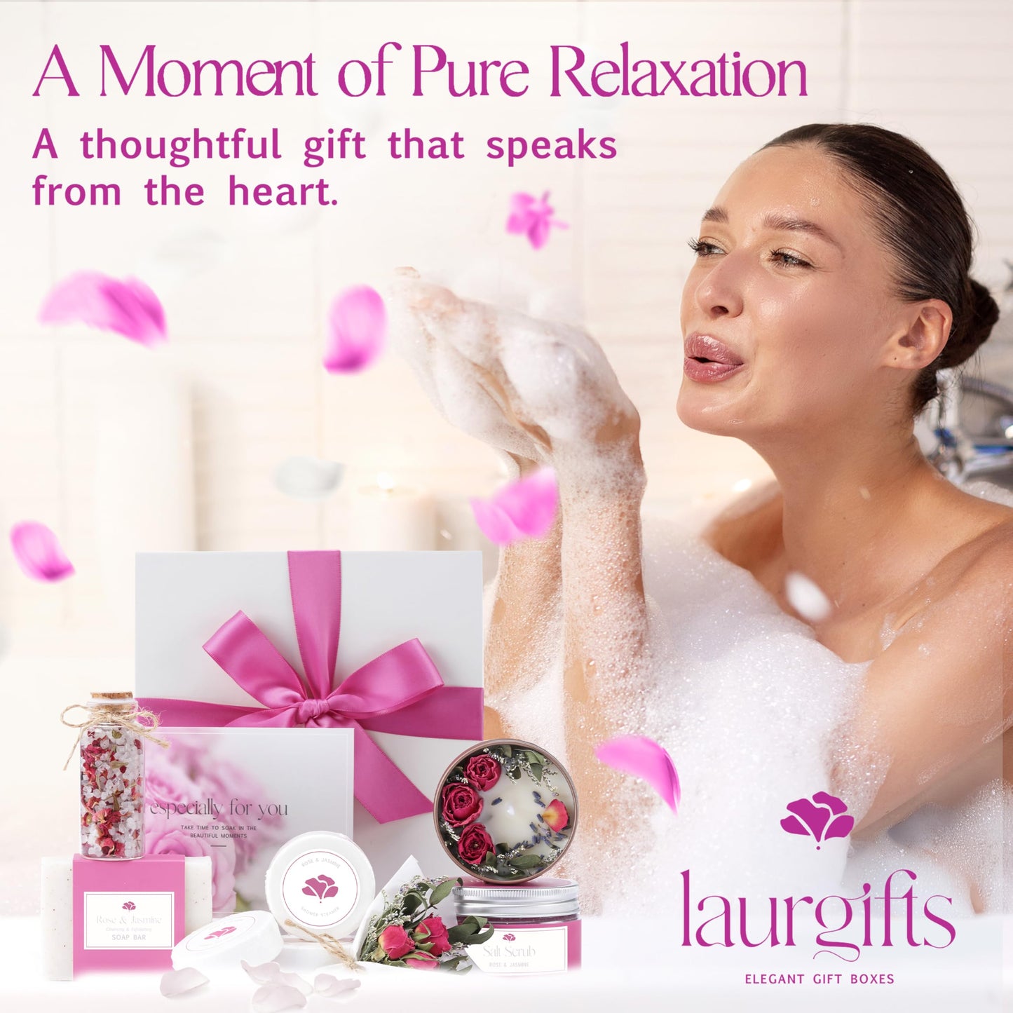 Mothers Day Spa Gift Set for Women – Rose & Jasmine Candle Gift Set with Bath Treats, Relaxing Self Care Basket, Birthday Gift for Mom or Friend