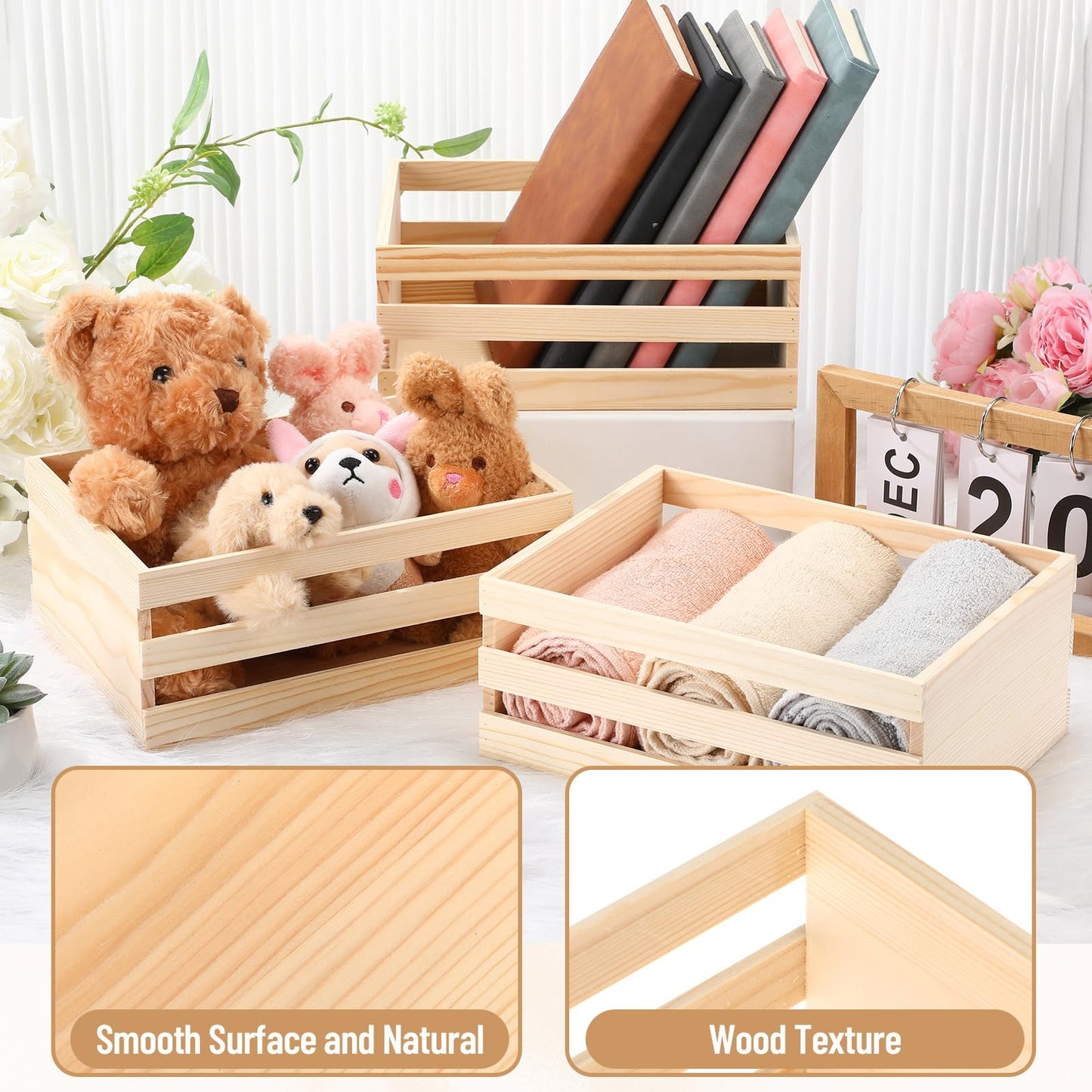 Cinnvoice 6 Pcs 12.5'' Large Wooden Crates for Crafts Unfinished Wood Crate Box for Display DIY Decorative Storage Basket Container Bulk for Decor, Kitchen Home, Pantry, Bedroom, Milk, Book, Arts