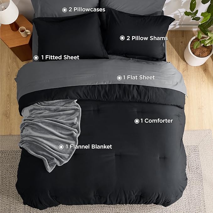 Bedsure Queen Comforter Set Black, 8 Pieces Prewashed Queen Size Bed in a Bag with Soft Fleece Bed Blanket, Down Alternative Bedding Set for All Seasons, Sheets, Pillowcases & Shams