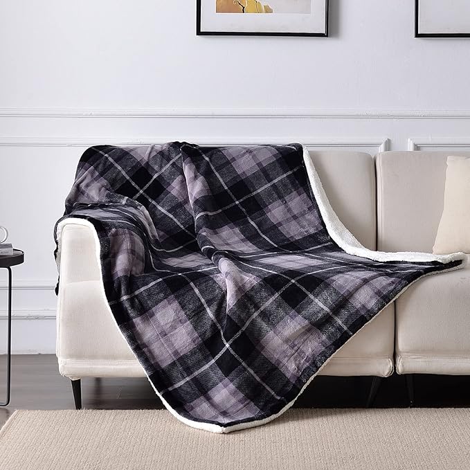 SOCHOW Sherpa Plaid Fleece Throw Blanket, Double-Sided Super Soft Luxurious Bedding Blanket 90 x 90 inches, Grey