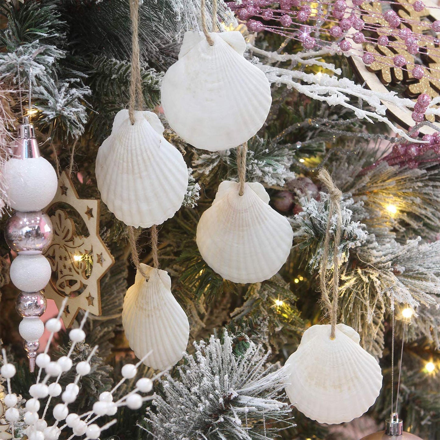 16PCS Natural Sea Shells 2.5"-3.5" Perforation Scallop Shells with Rope,for Christmas Tree Ornaments & DIY Hanging Home Deocration Craft Shells