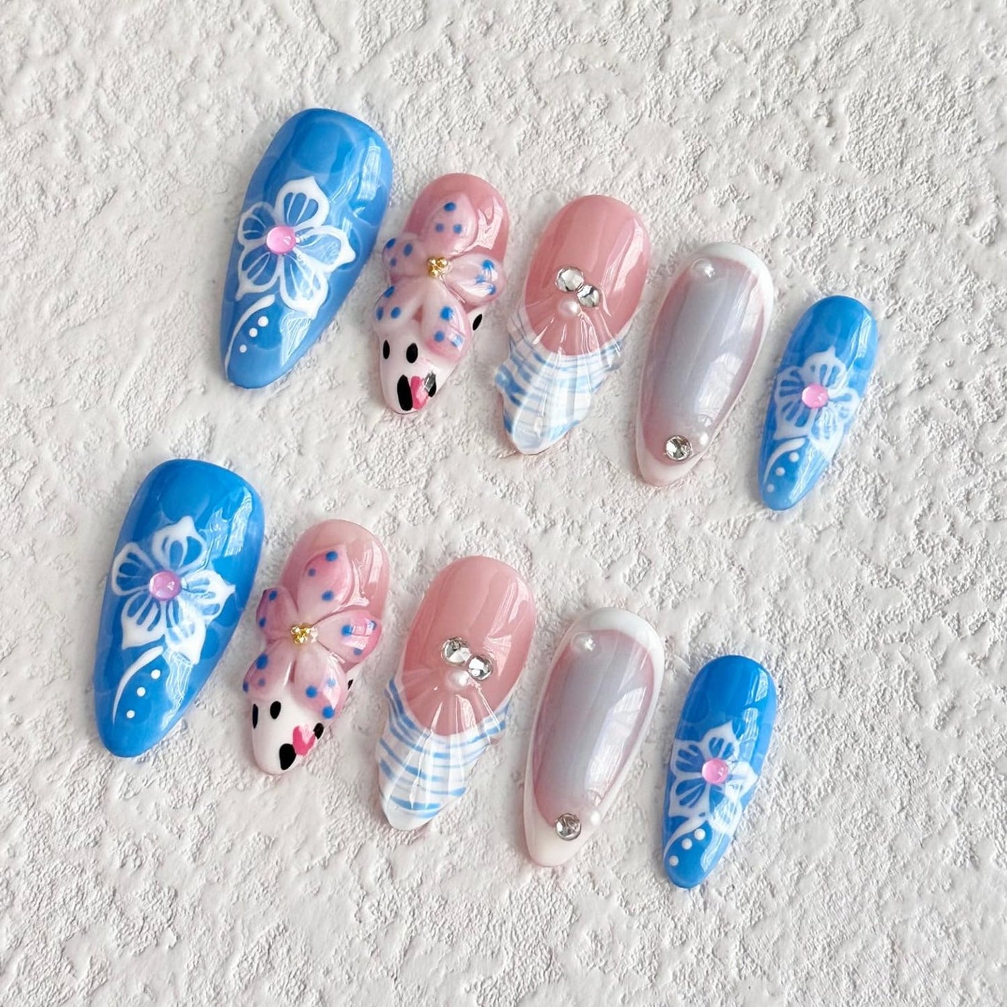 10PCS Handmade Press on Nails Medium Length Almond Fake Nails Full Cover Blue with Pearl Rhinestones designs Gel Stick on Nails French Tip Unique 3d Flower False Nails (M Size)