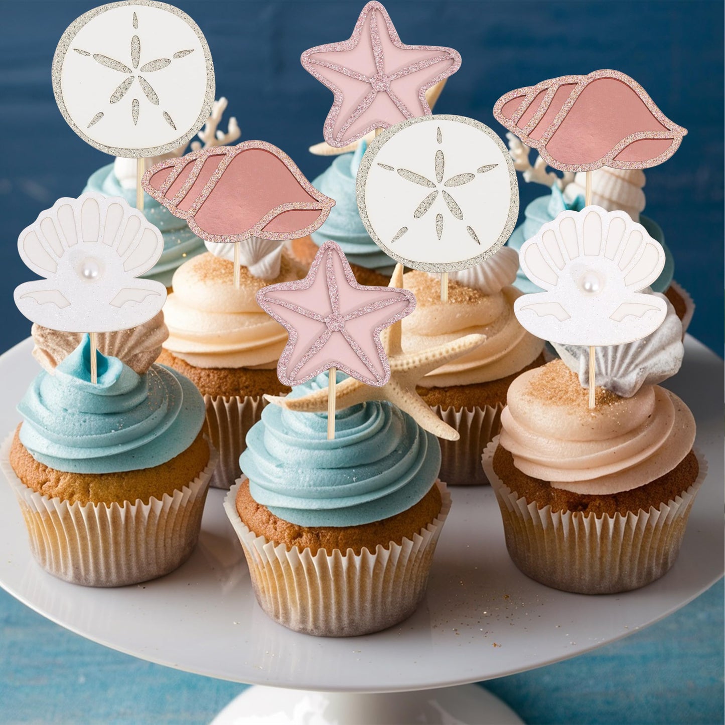 Mermaid Sea Shell Theme Cupcake Toppers - Oneder the Sea Birthday Decorations, 12 PCS Neutral Boho Ocean Beach Cupcake Topper, Under the Sea Party Decor, Mermaid Baby Shower Decoration