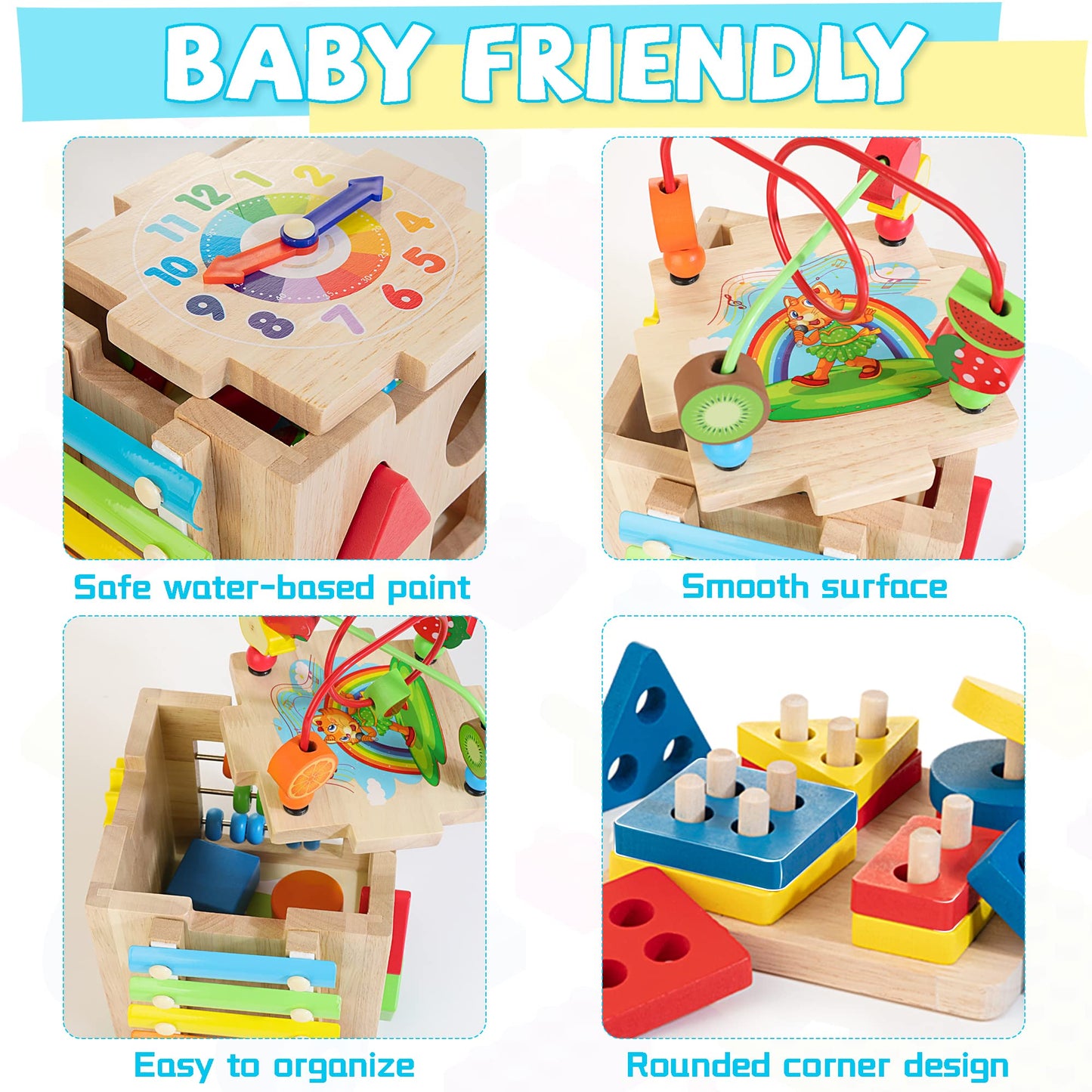 Bravmate Wooden Activity Cube, 8-in-1 Wooden Montessori Learning Toys for 18 M+ Toddlers, One Year Old First Birthday Gift, Baby Toy Set with Bonus Sorting & Stacking Board
