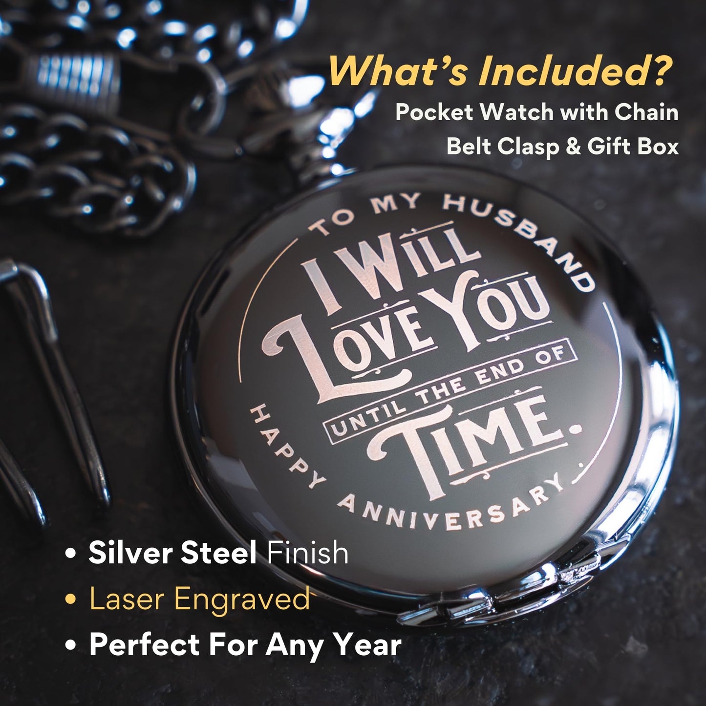 Red Dot Laser Engraving Anniversary Pocket Watch for Husband - Engraved Silver Stainless Steel - Meaningful Keepsake - Boxed and Ready to Give