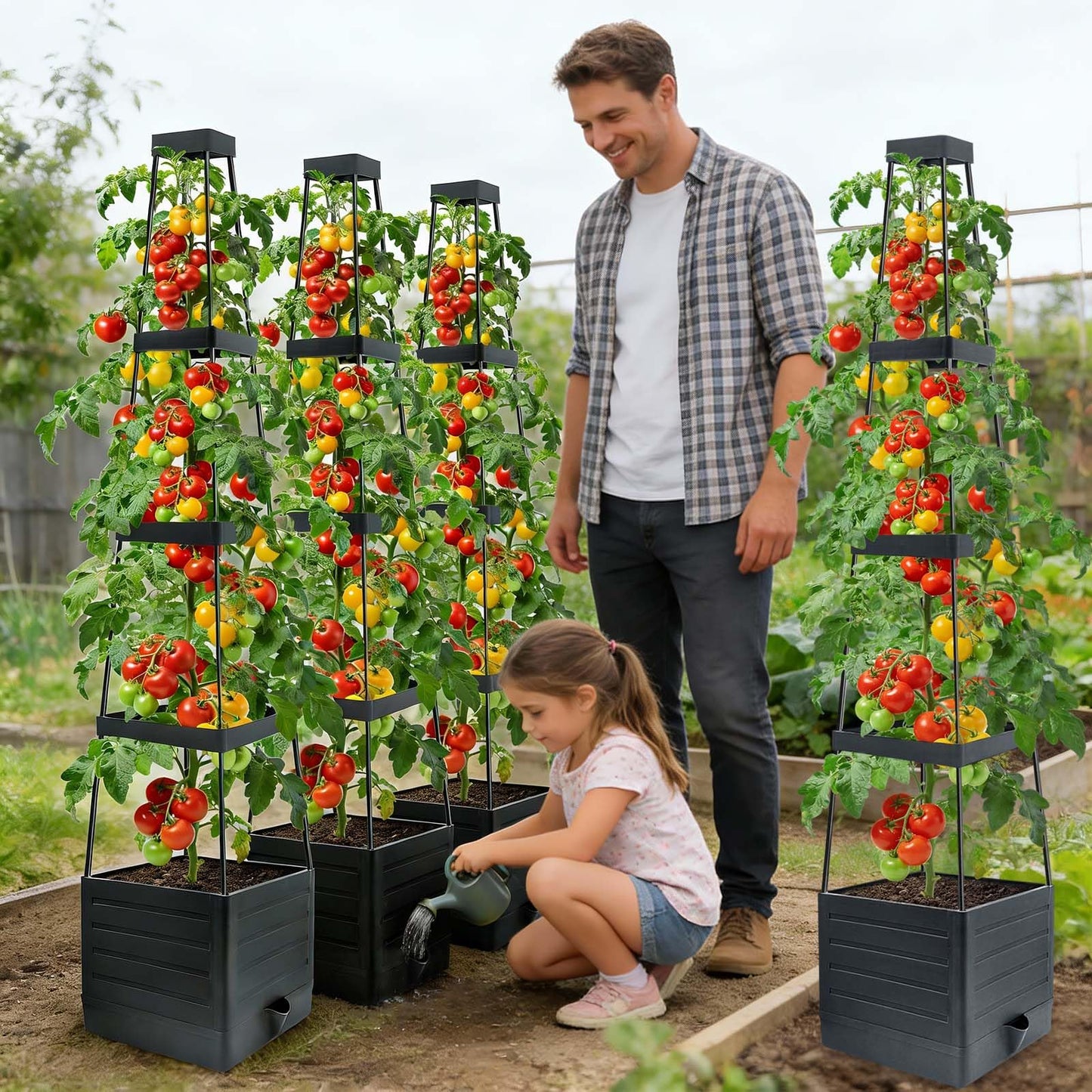 MQFORU 4Pack Raised Garden Bed Planter Boxes with Trellis, 57" Self-Watering Tomato Planter Boxes with Trellis for Climbing Vegetable and Plants, Tomato Cage for Indoor Outdoor Use