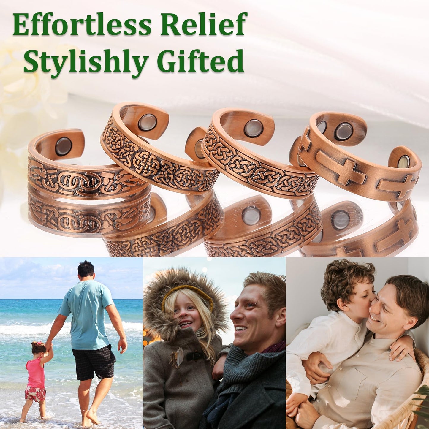 Fashtour 4 Copper Rings for Men, 99.9% Pure Copper Magnetic Rings, Vintage & Cross Pattern Adjustable Cuff Ring