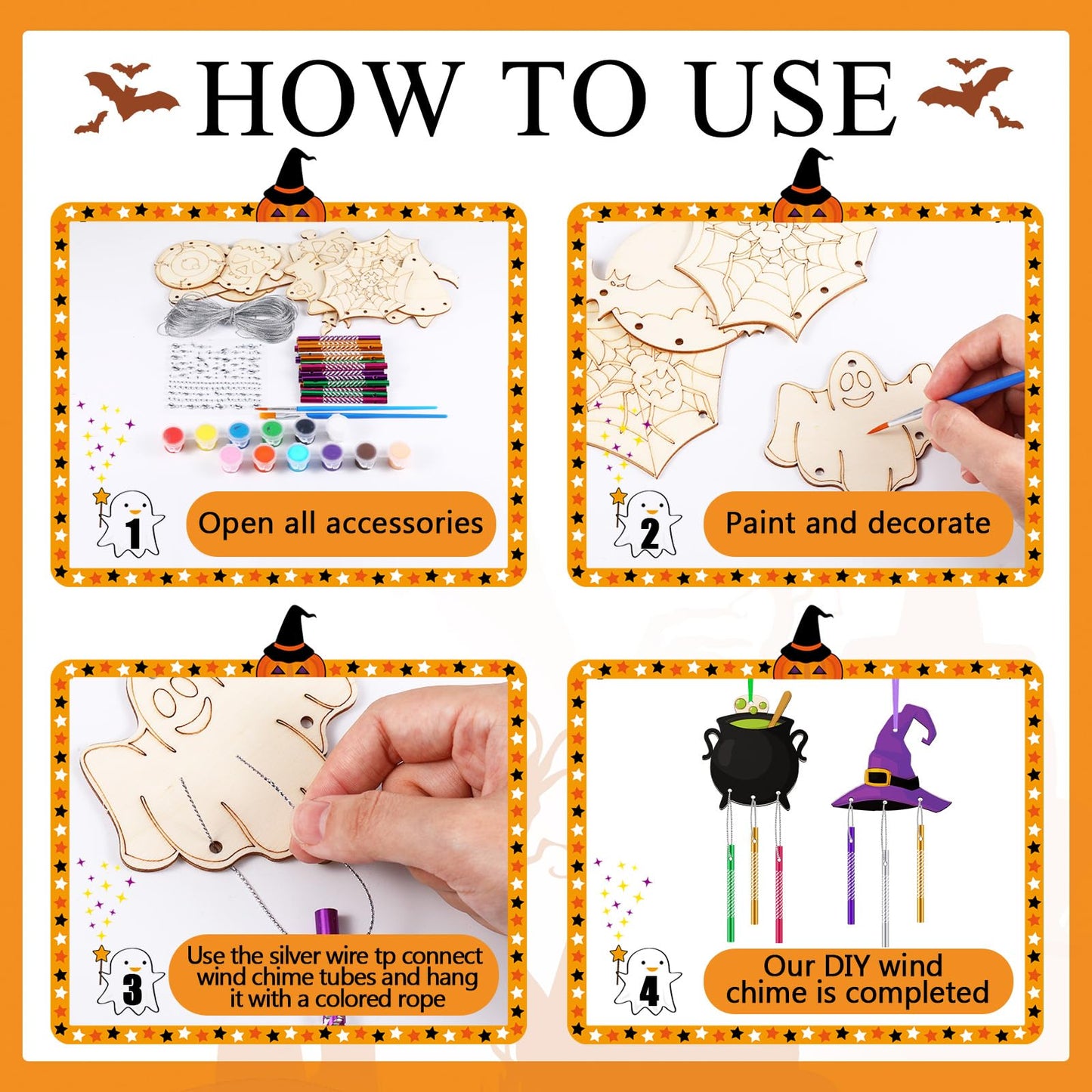 JellyArch 30 Pack Halloween Wind Chime Making Kit for Adults Make Your Own Halloween Wind Chime Ghost Pumpkin Bats DIY Crafts Wooden Ornaments for Activity Birthday Decoration
