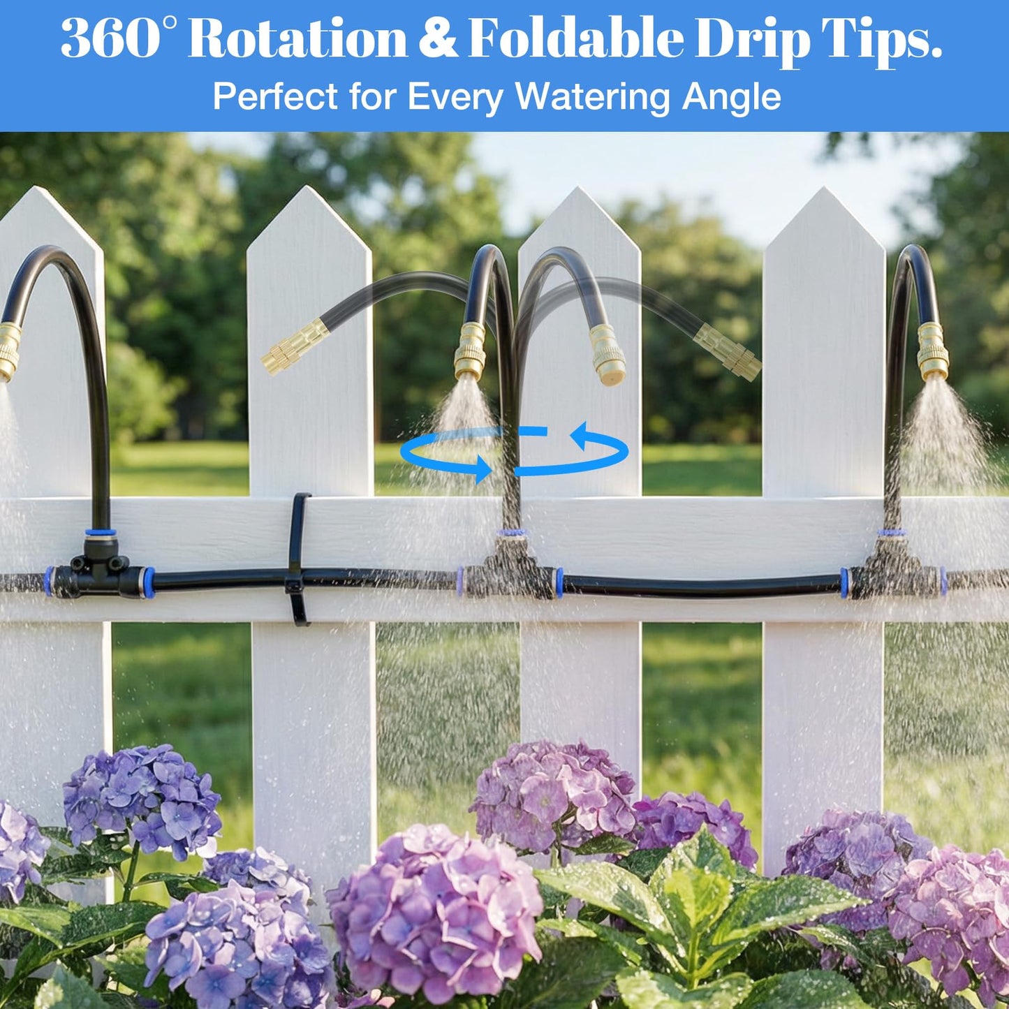 60FT Drip Irrigation Kit, 6mm Hose with Dual Outlet Splitter with Independent Valves & 15 360° Adjustable Brass Nozzles & 18 Snap-On Tees, DIY Automatic Watering for Greenhouse, Raised Beds, Garden