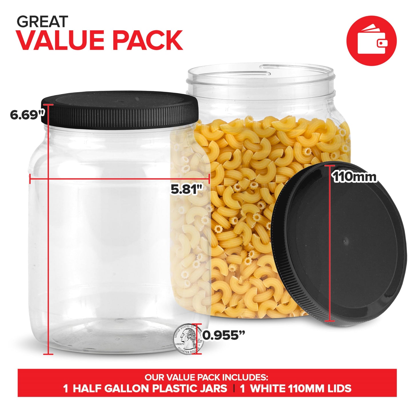 Stock Your Home Half Gallon Clear Plastic Jars with Lids (1 Pack) 64 oz Wide Mouth Large Jar with Lid, Big Container for Candy, Cookies, Arts & Crafts, Bartender Money Tips, Kitchen & Pantry Storage
