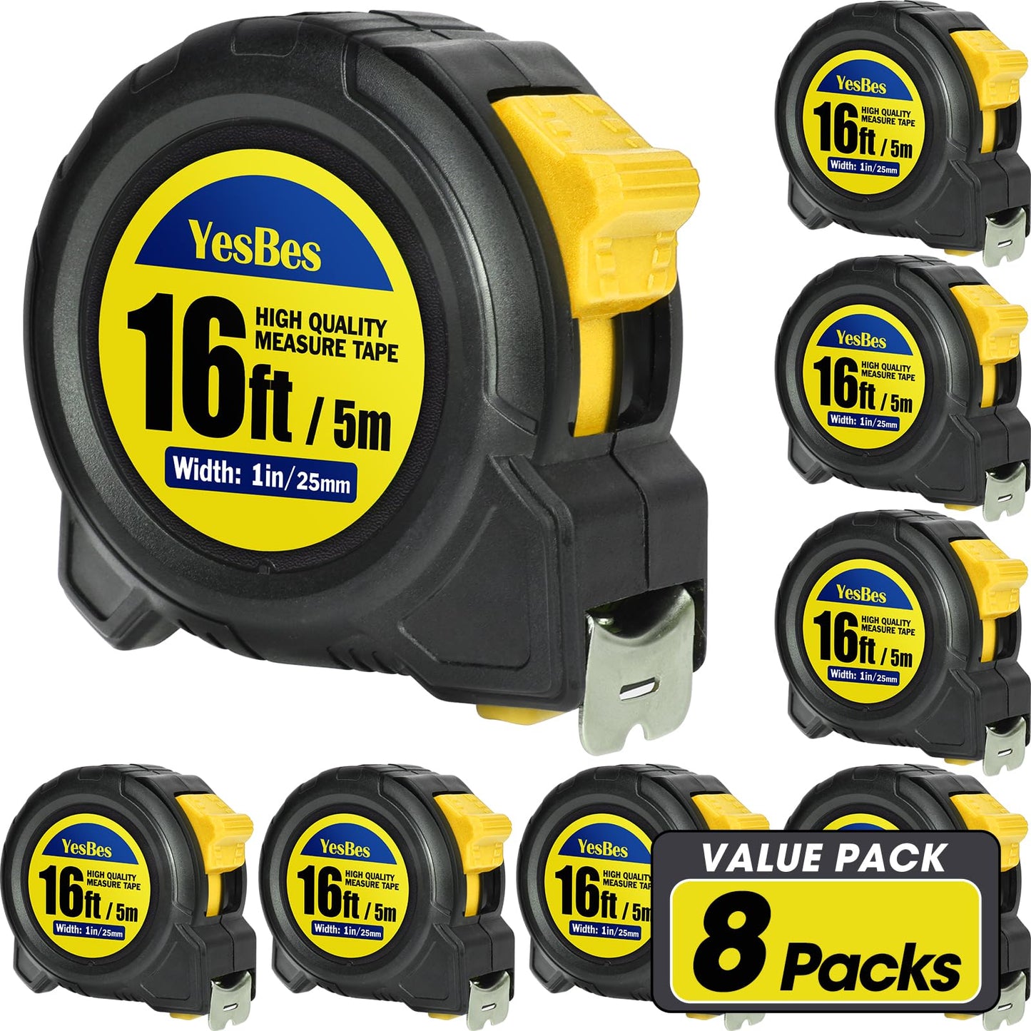Tape Measure 16 ft, 8 Pack Bulk Easy Read Measurement Tape, Self-Locking Measuring Tape Retractable 16 FT by 1 in