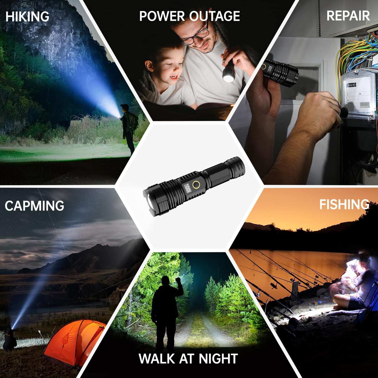 Flashlights High Lumens Rechargeable, 100,000LM LED Super Bright Flash Light, Zoomable Linternas with LCD Digital Display, 5 Mode, Waterproof, Powerful Tactical Flashlight for Emergencies Camping Gift