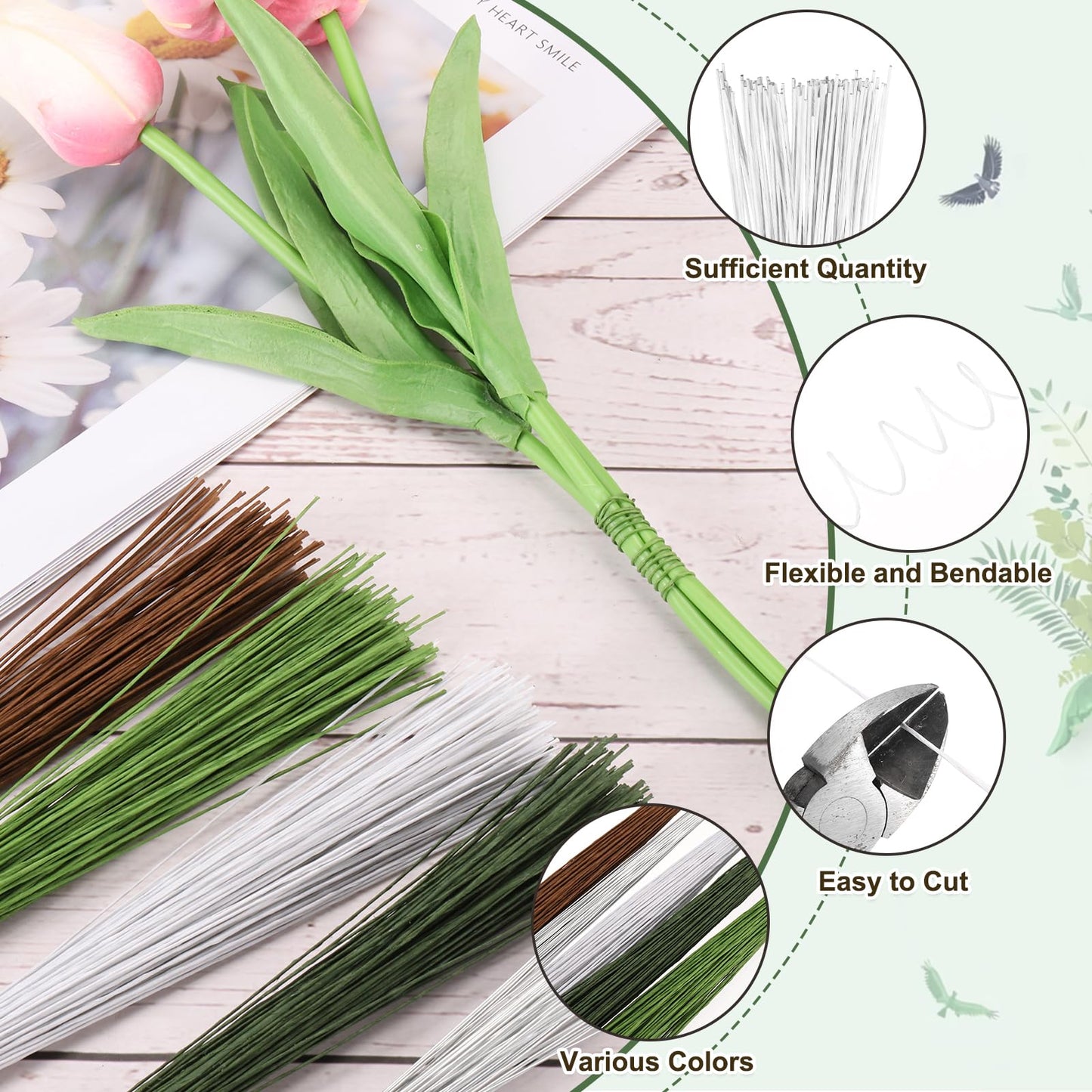 PATIKIL 20 Gauge 14" Floral Stem Wire, 100 Pcs Paper Wrapped Iron Artificial Flower Stem Accessories for DIY Bouquet Stem and Craft Decoration, White