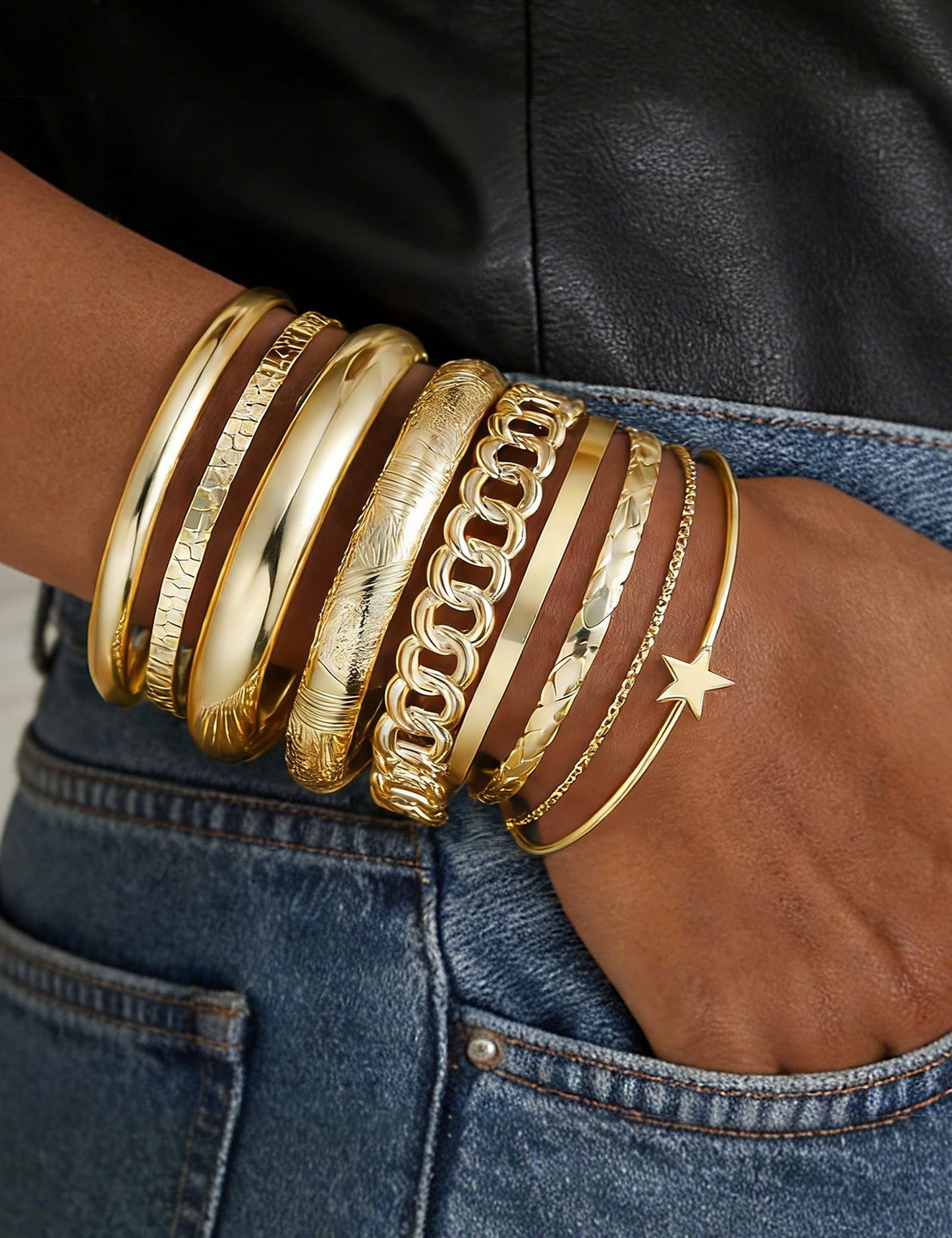 ÌF ME Gold Bangle Bracelets for Women, 19Pcs Multi Stackable Textured Bangles Set, Dainty 14K Gold Plated Chunky Bracelet Stack Fashion Boho Jewelry Gifts for Women
