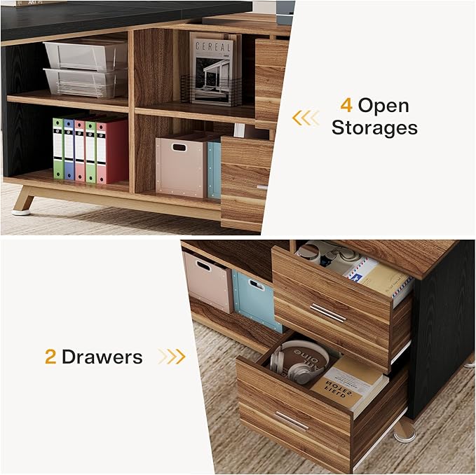 Tribesigns 78.7-Inch Executive Desk, L-Shaped Desk with 55-Inch Cabinet, Large Office Desk with Storage Shelves, Modern Computer Desk for Home Office, Black & Walnut