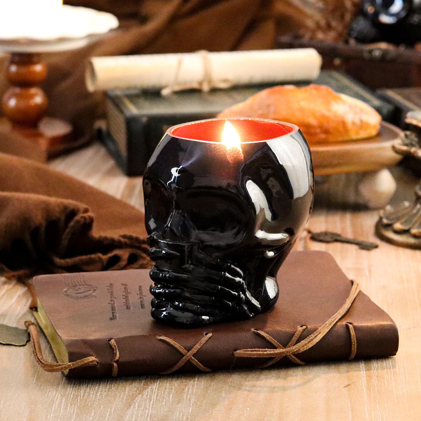 Skull Candle, Halloween Pumpkin Scented Candle 9.5OZ, Horrible Spooky Skeleton Head, Gothic Decor, Indoor Outdoor Halloween Table Centerpiece Decoration, Black