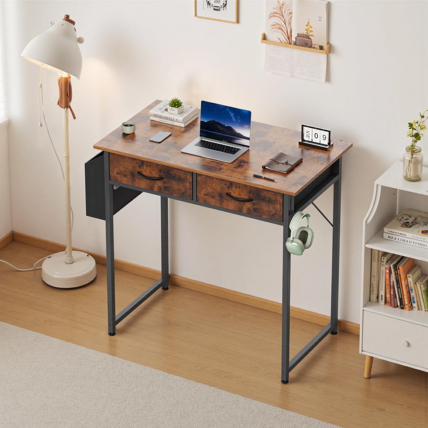 OLIXIS 32Inch Small Desk with Fabric Drawers for Home Office, Gaming Computer Desk with Side Bag, Headphone Hook Writing Study Work Table for Bedroom Small Sapce, Chic Brown