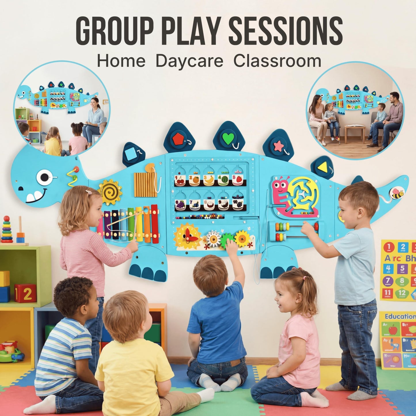 AthomBear Dinosaur Wall Busy Board with 12 Activities - Wall Toys for Toddlers 2,3,4,5 - Sensory Panel Wooden - Montessori Busy Board Learning Activity Center for Playroom and Classroom