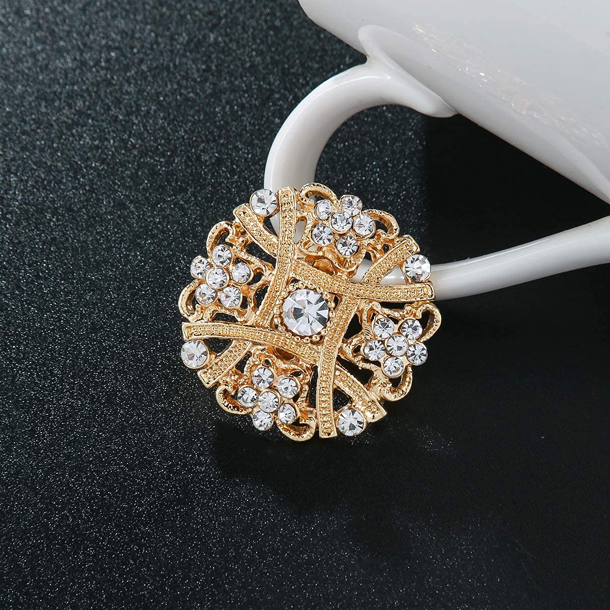 MEEDOZ Women's Gold Plated Lot 12pcs Assorted Crystal Rhinestone Flower Brooch Pin Set for DIY Bridal Wedding Bouquet Kit (Gold Tone)