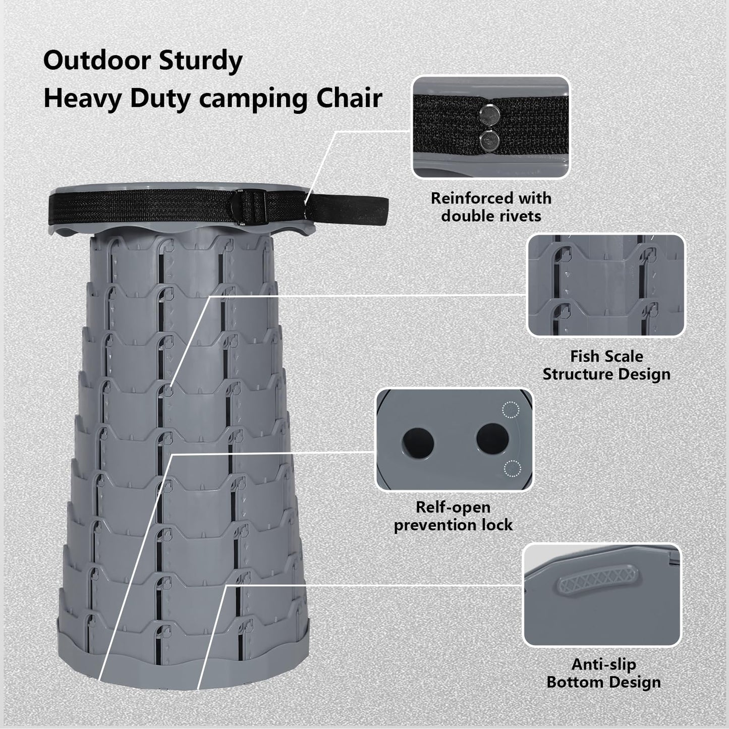 RizzQi Upgraded Collapsible Stool 450LBS - Adjustable Height (2.5"-18") Portable Telescoping Seat for Camping Hiking Indoor Office (Light Gray)