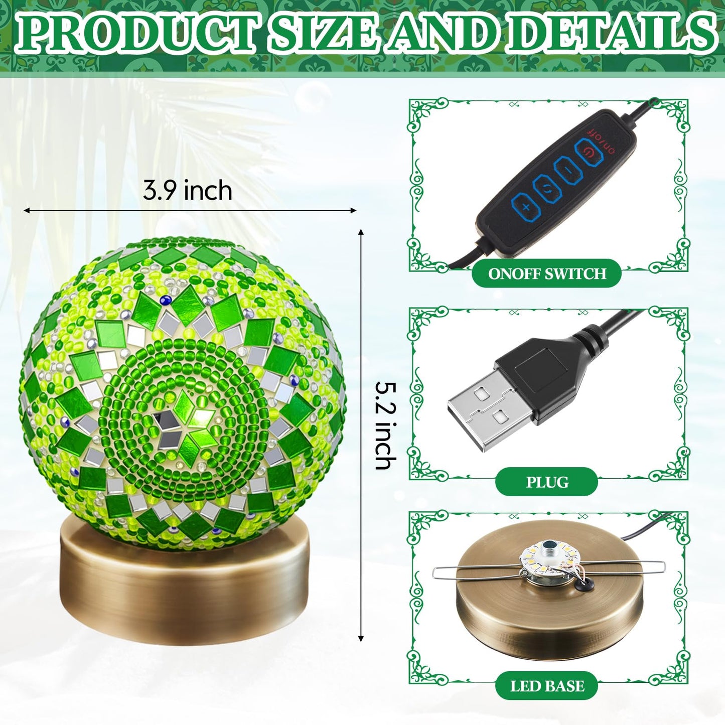 Baquler Turkish Mosaic Lamp Kit DIY Stained Glass Decorative Table Bedside Night Light Tabletop Bohemian Moroccan Lamp Craft Kit for Living Room Decorations(Green)