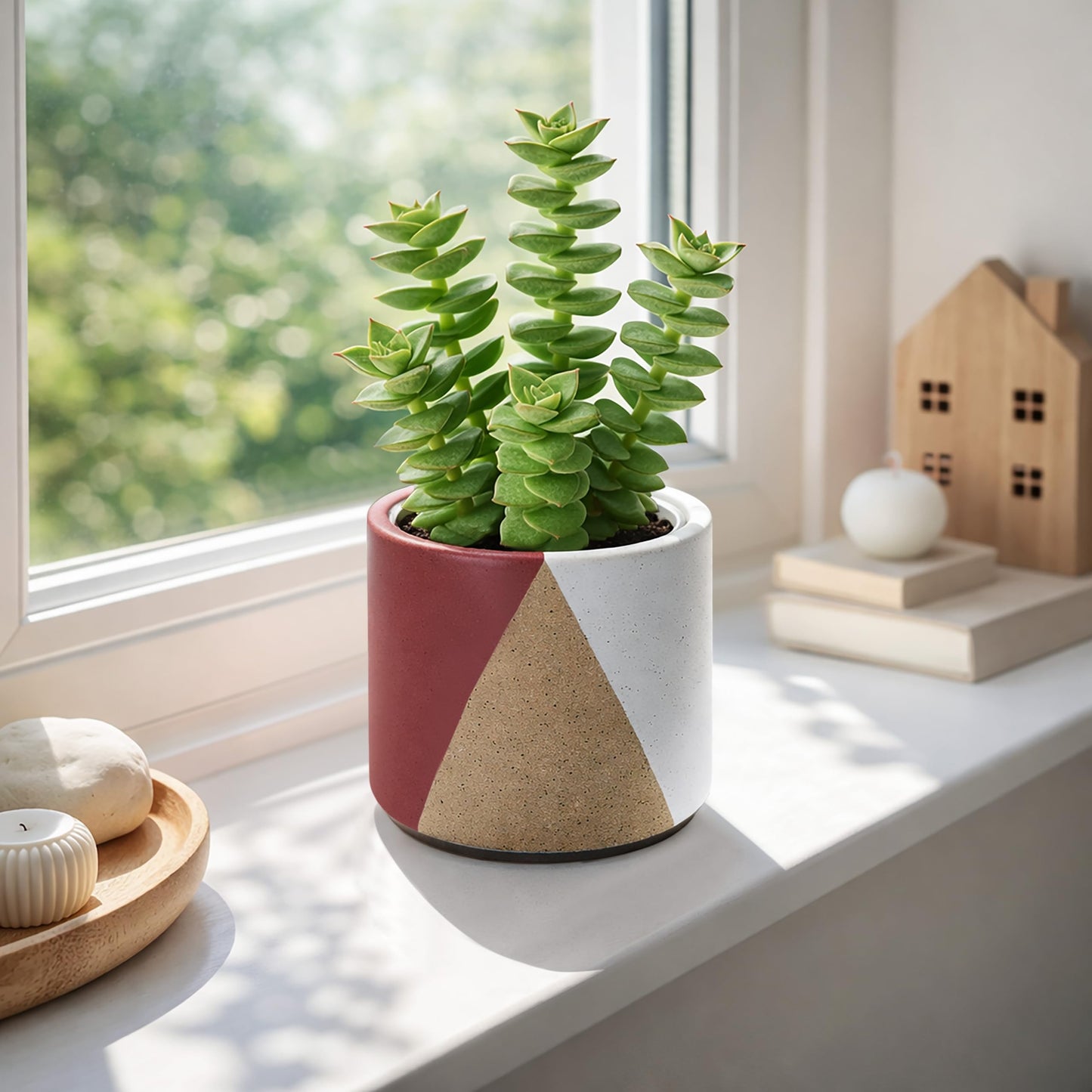 D'vine Dev 4.5" Stoneware Cachepot Planter with 4" Clear Nursery Pot & Detachable Saucer – Indoor Plant Pot with Drainage for Bottom Watering & Root Visibility, Crimson Dune, Set of 2, 93-V-B-4