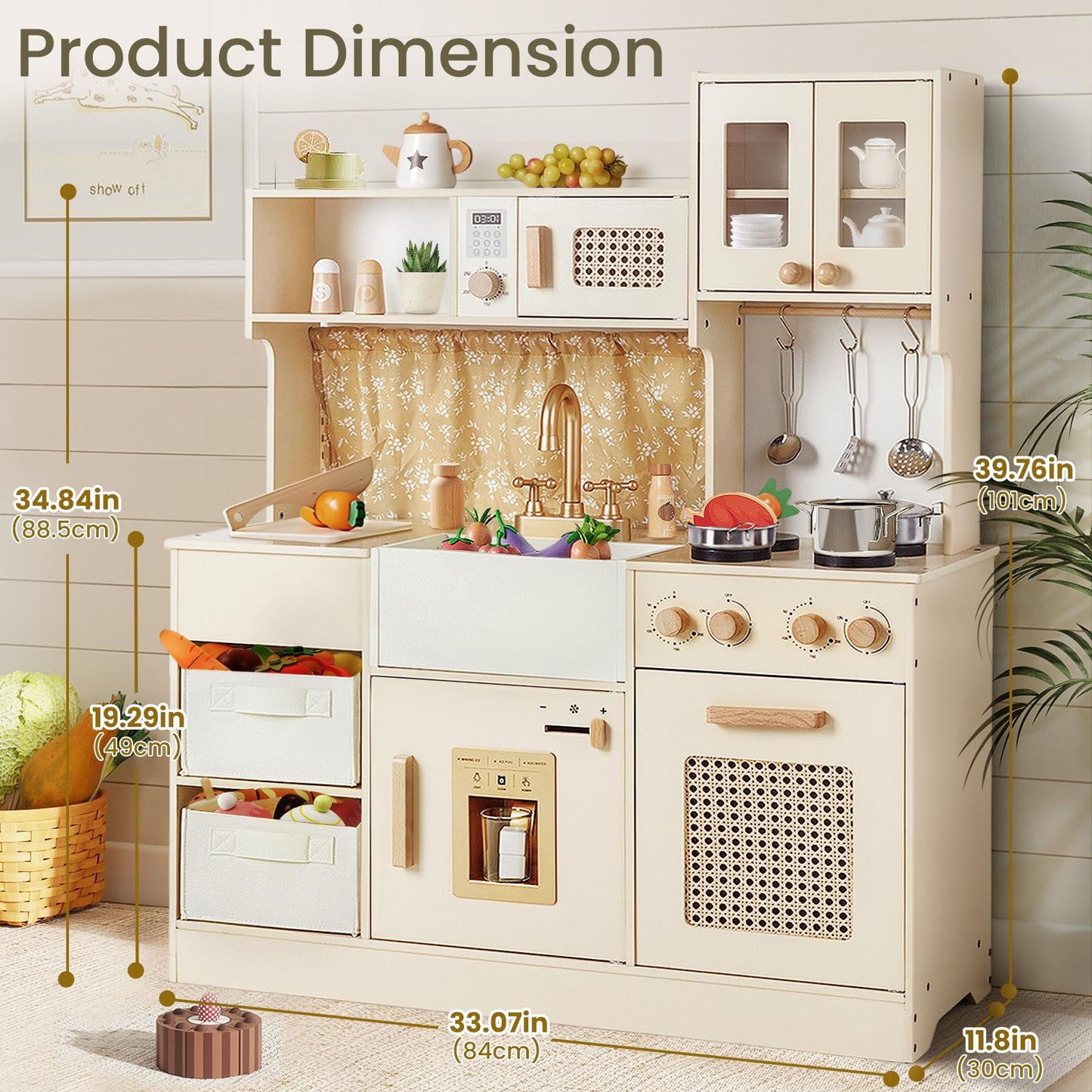 labebe Play Kitchen for Kids Indoor Pretend Play, Wood Toy Set with 2 Storage Boxes, Stove, Sink, Ice Maker, Pots and Pans, Kitchen Set for Cooking Play