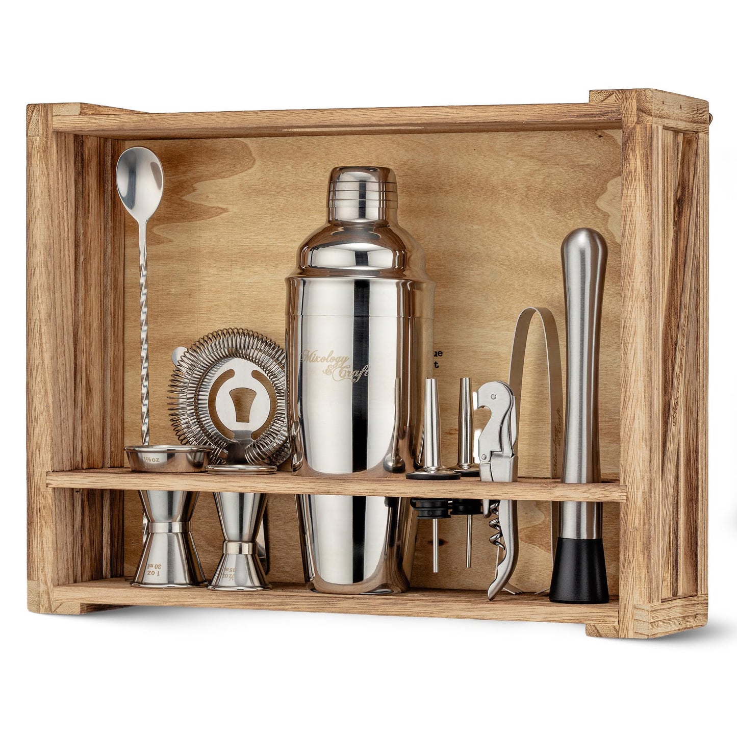Mixology & Craft Rustic Cocktail Shaker Set – Includes Wood Stand, Complete Barware Kit with 24 Oz Shaker, Dual Jiggers, Pourers, Muddler, Strainer – Perfect for Home Bartenders (Silver)