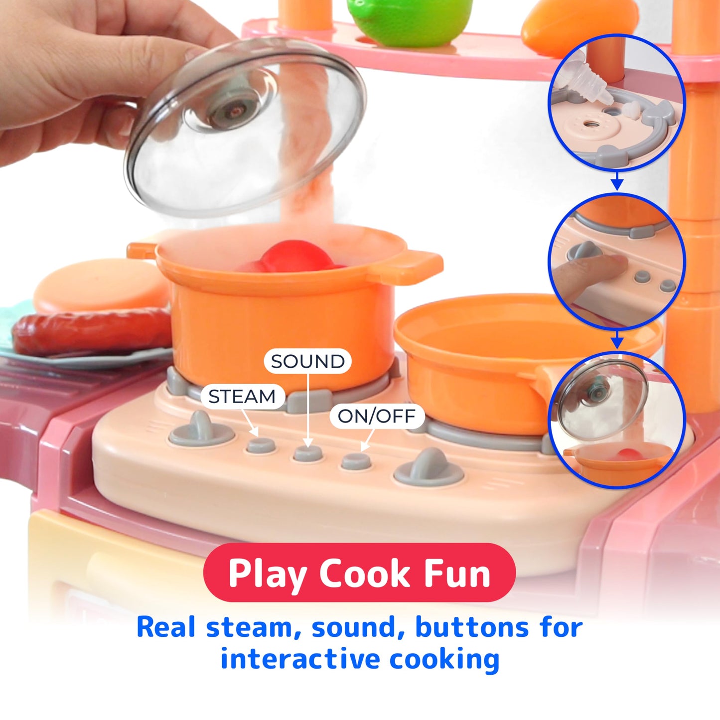 Prextex Plastic Pretend Girls Play Kitchen Set - Multi-Color Kitchen Playset with Dishwasher and Oven - Stove with Lights and Sounds - Working Faucet with Water Circulation