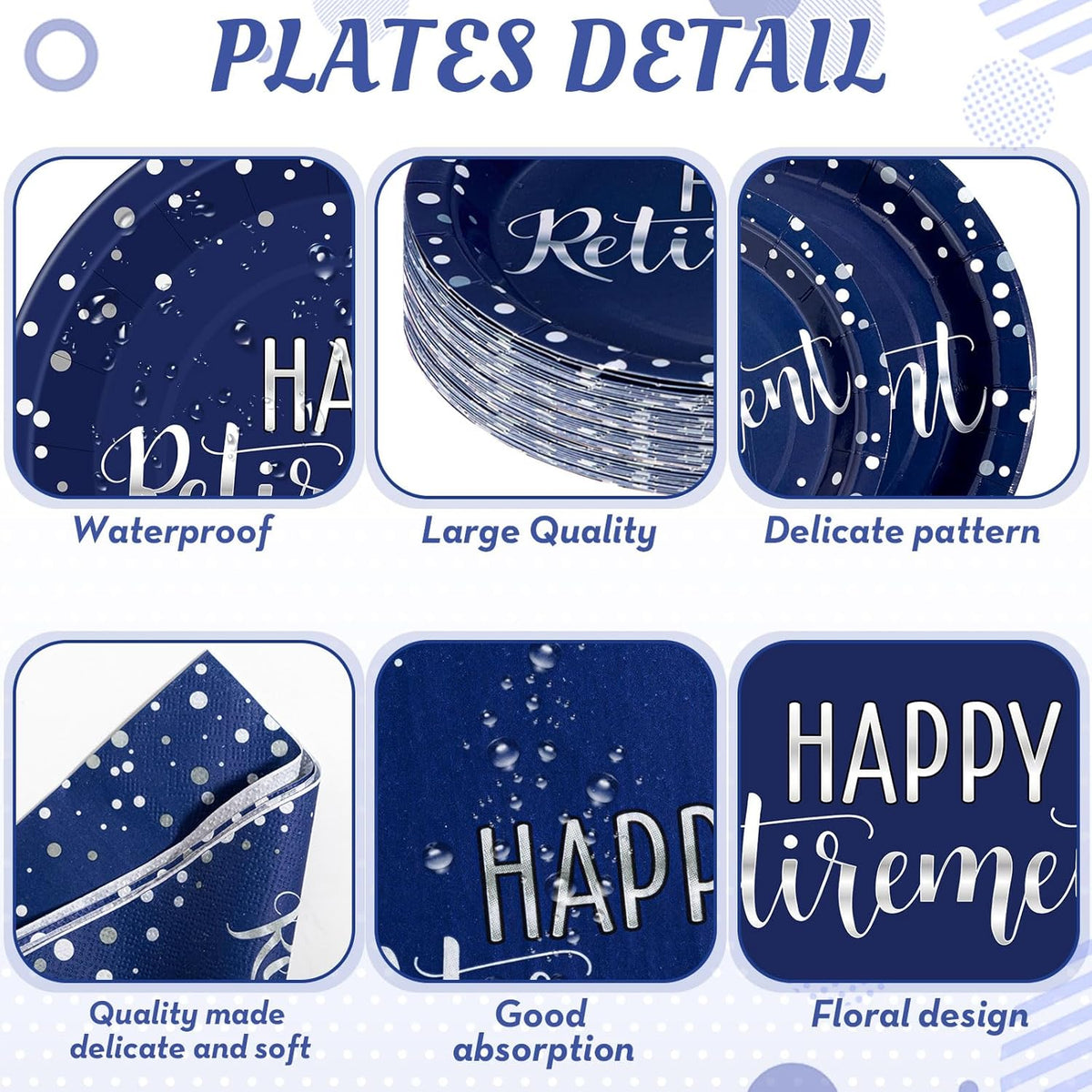 Pickmesh 192 Pcs Retirement Party Decorations Happy Retirement Paper Plates and Napkins Set with Cups and Knife Fork Spoon,Farewell Party Disposable Tableware for 24 Guest Women Men(Blue)