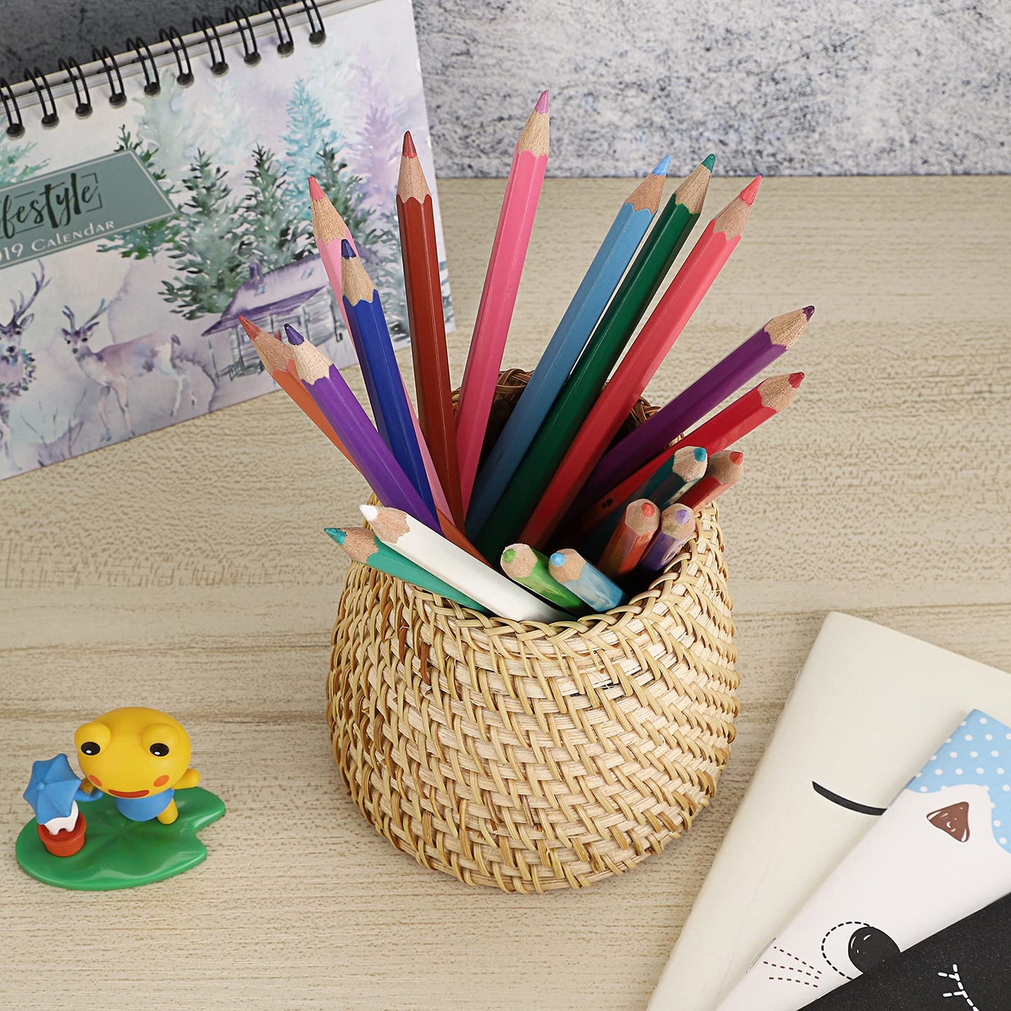 BTSKY Rattan Pen Cup, Handmade Desk Pencil Holders Makeup Brush Holder Multi-Functional Woven Basket Office&Home Desktop Organizer(Cone)