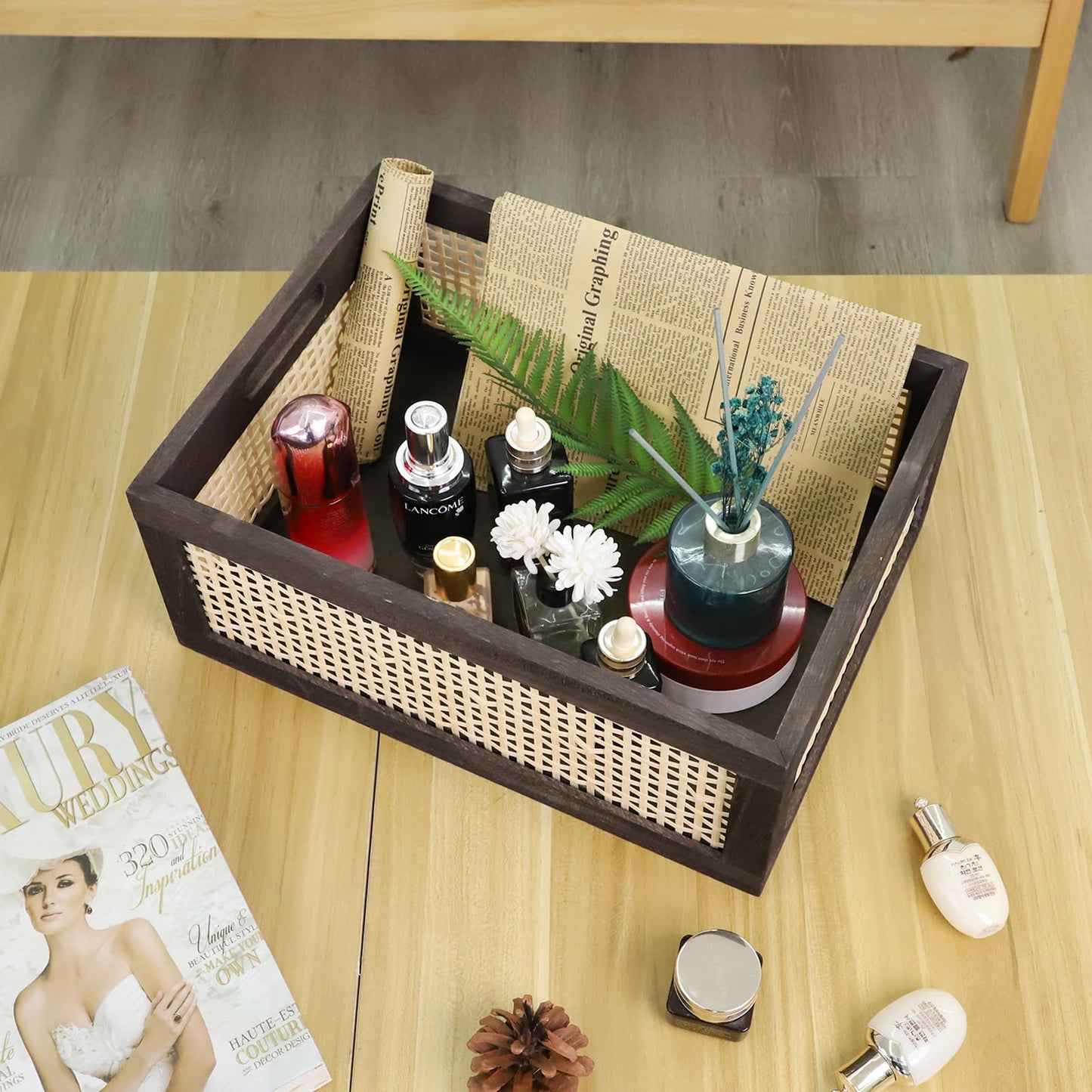 HODAKJUE Desktop Storage Basket, Sundry Office Drawer Storage Box, Wood Frame Storage Basket. (Brown-Large)