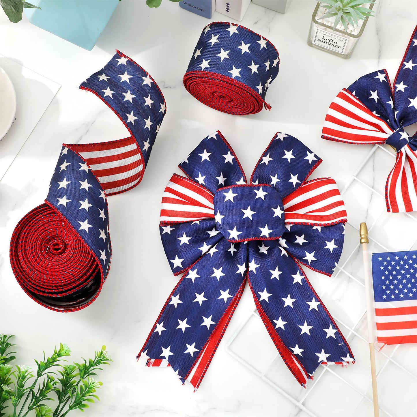 JarThenaAMCS 2 Rolls Patriotic Wired Edge Ribbon Double Sided 4th of July Red White Blue Star Stripe Fabric Ribbon for Independence Memorial Day Gift Wreath Bow Craft Wrapping Party Decor, 20 Yard