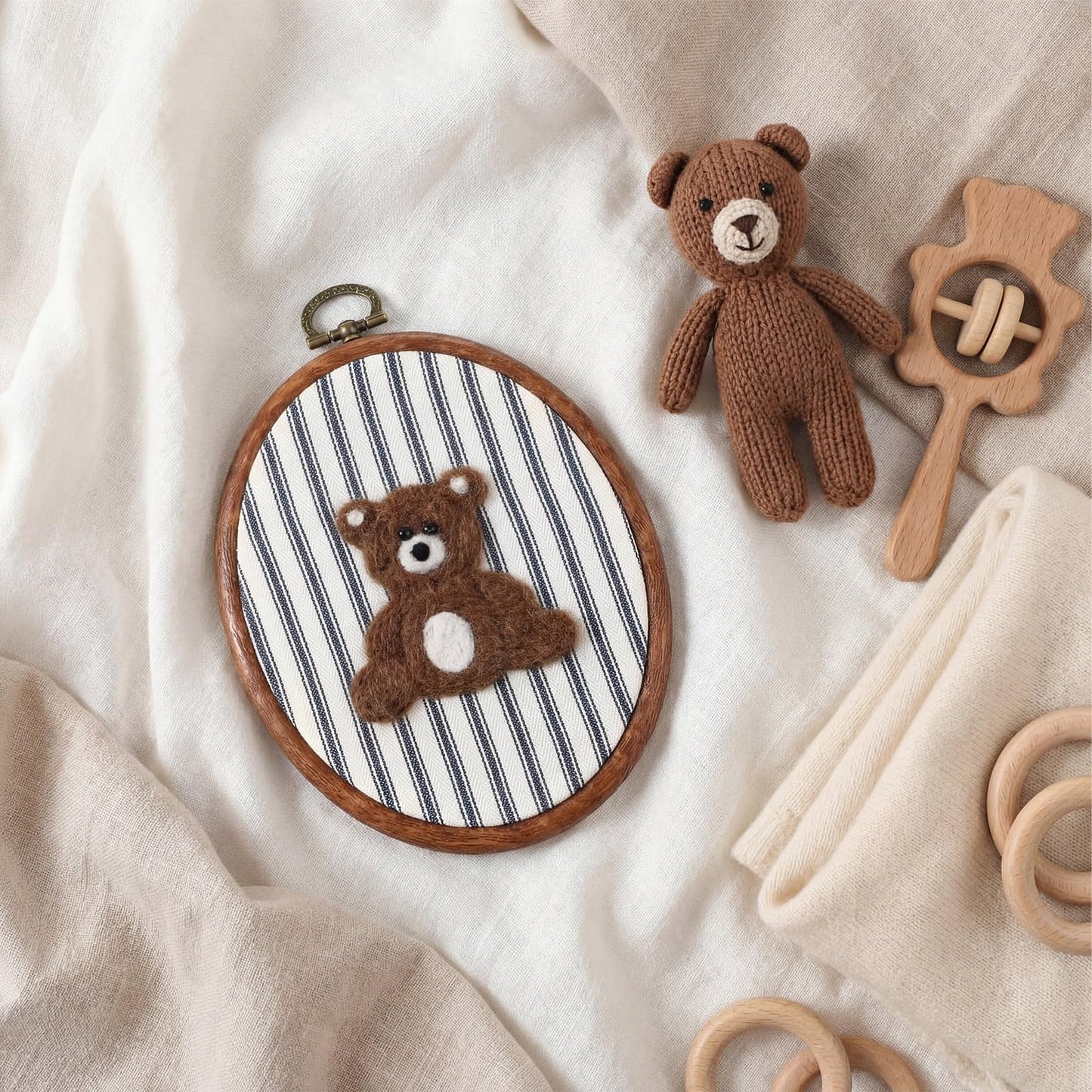 Chunful Felted Blue Striped Bear Nursery Wall Decor Cute Wall Art Decorative Artwork for Nursery Themes Bathroom Living Room Classroom Home Decoration