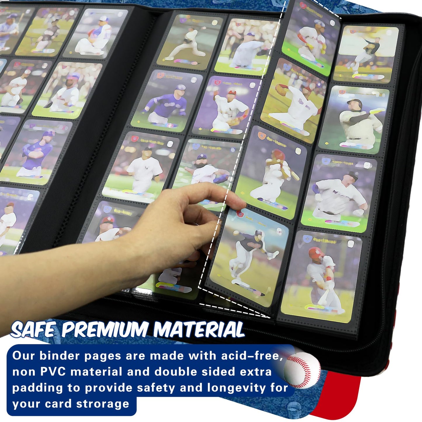 Baseball Card Binder 16 Pocket, Premium 1000+ Cards PU Cover Trading Sports Card Binder Side Loading Card Holder Collection Album Folders