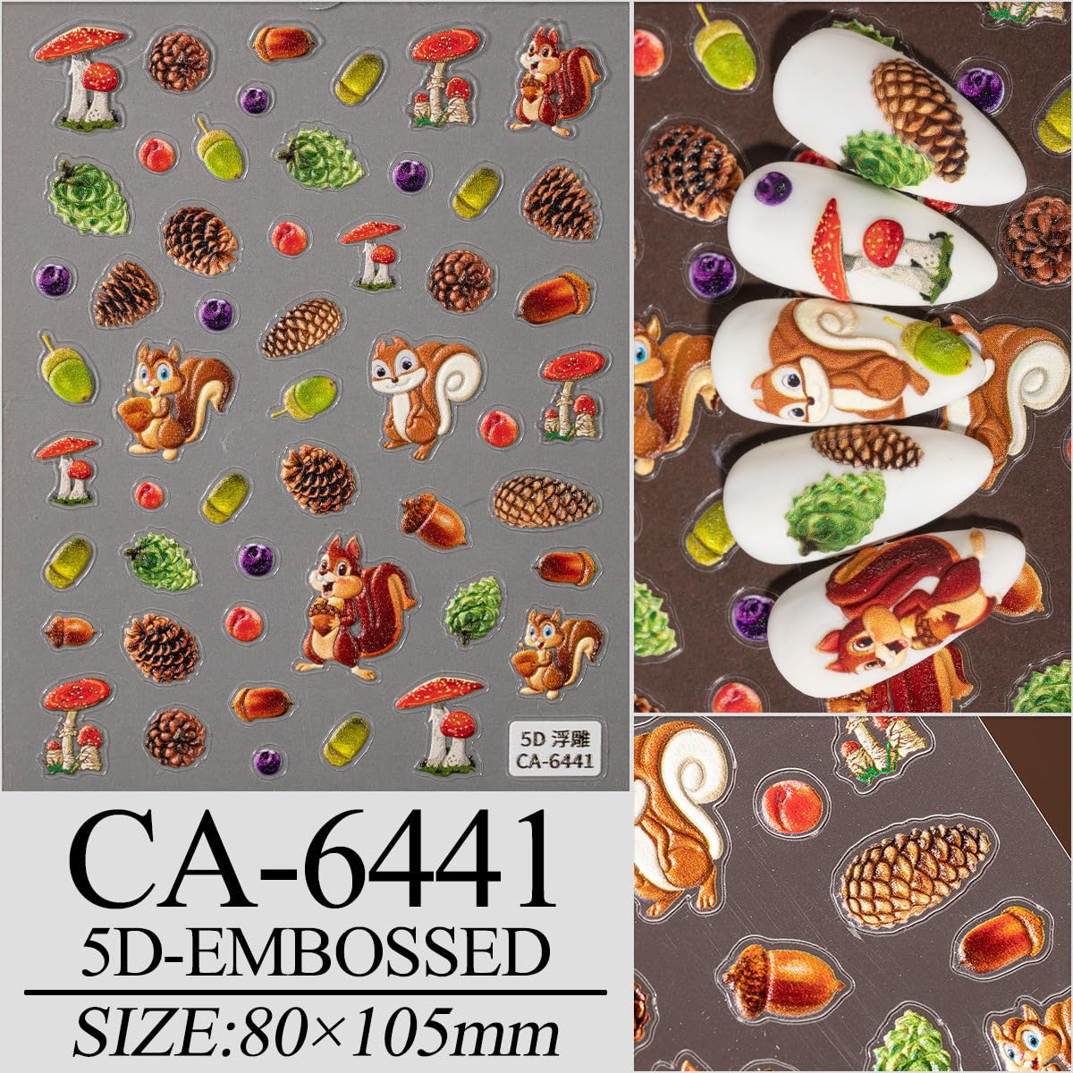 Fall Nail Stickers 5D Embossed 3D Self-Adhesive Maple Leaves Nail Art Stickers Mushroom Nail Designs Cute Squirrel Nails Decal Pine Cone Pumpkin Nails Supplies for Women DIY Acrylic Nails 4 Sheets