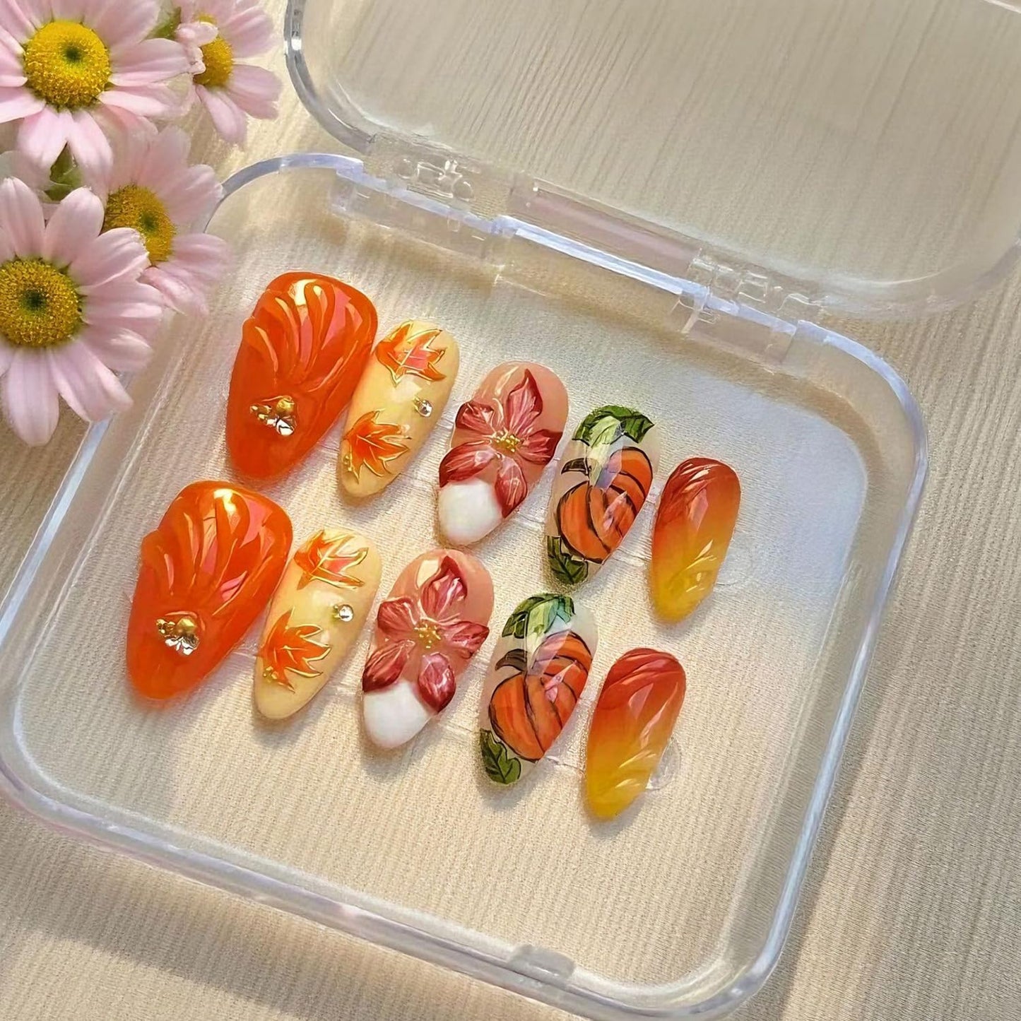 30Pcs Thanksgiving Maple Leaf press on Nails Medium Almond Artificial Acrylic Fake Nails French White Tip Gradient 3D Flower with Rhinestones Stick on Nail Full Cover Artificial Fingernails for Women