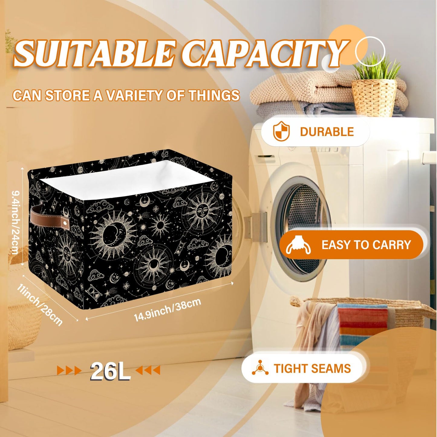 REETOOK Rectangle Black Sky Nursery Storage Basket, Collapsible Storage Box Bin with Handles for Toy, Star Storage Basket, Laundry Organizer for Room, Gifts for Chritsmas Thanksgiving 14.9x11x9.4in