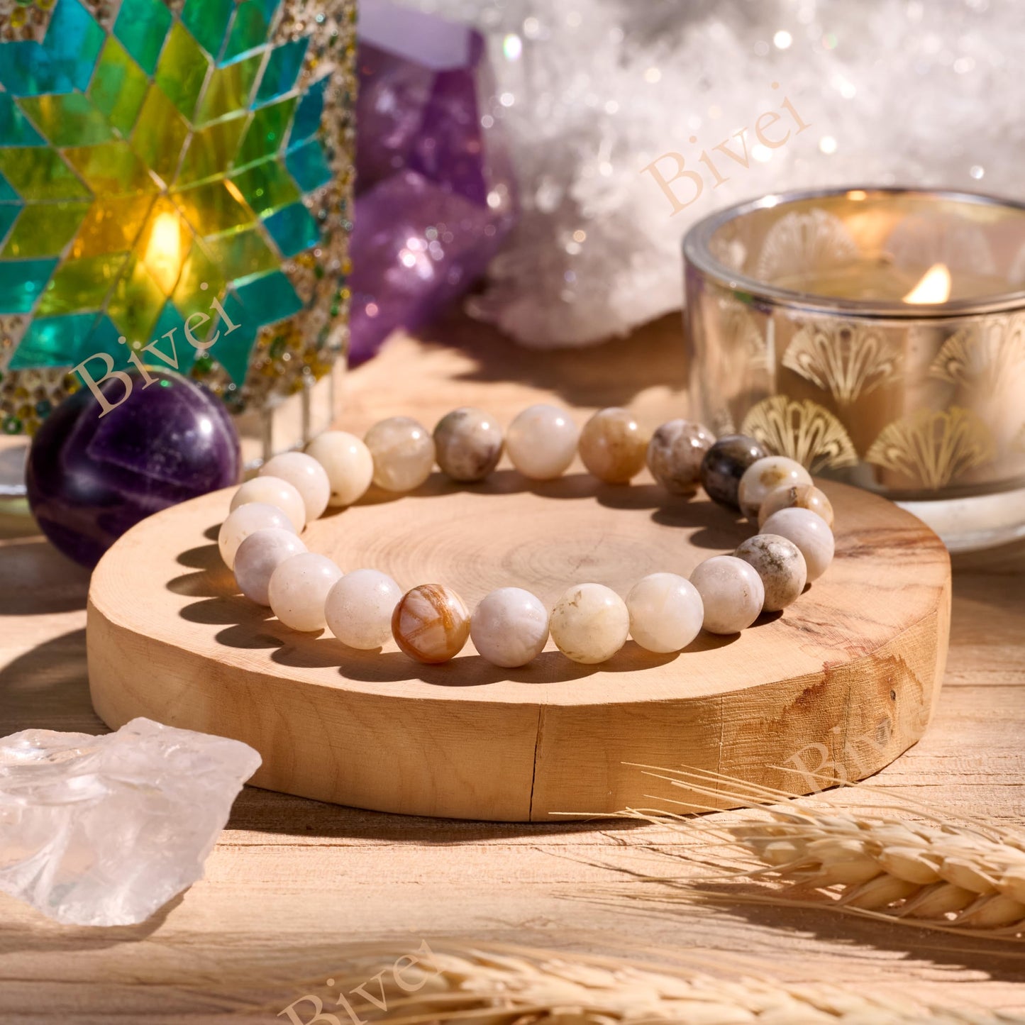 Bamboo Leaf Agate-Steady Growth-8mm Beaded Bracelets for Women Handmade Semi Precious Natural Stone Stretch Elastic Jewelry Yoga Protection Gifts