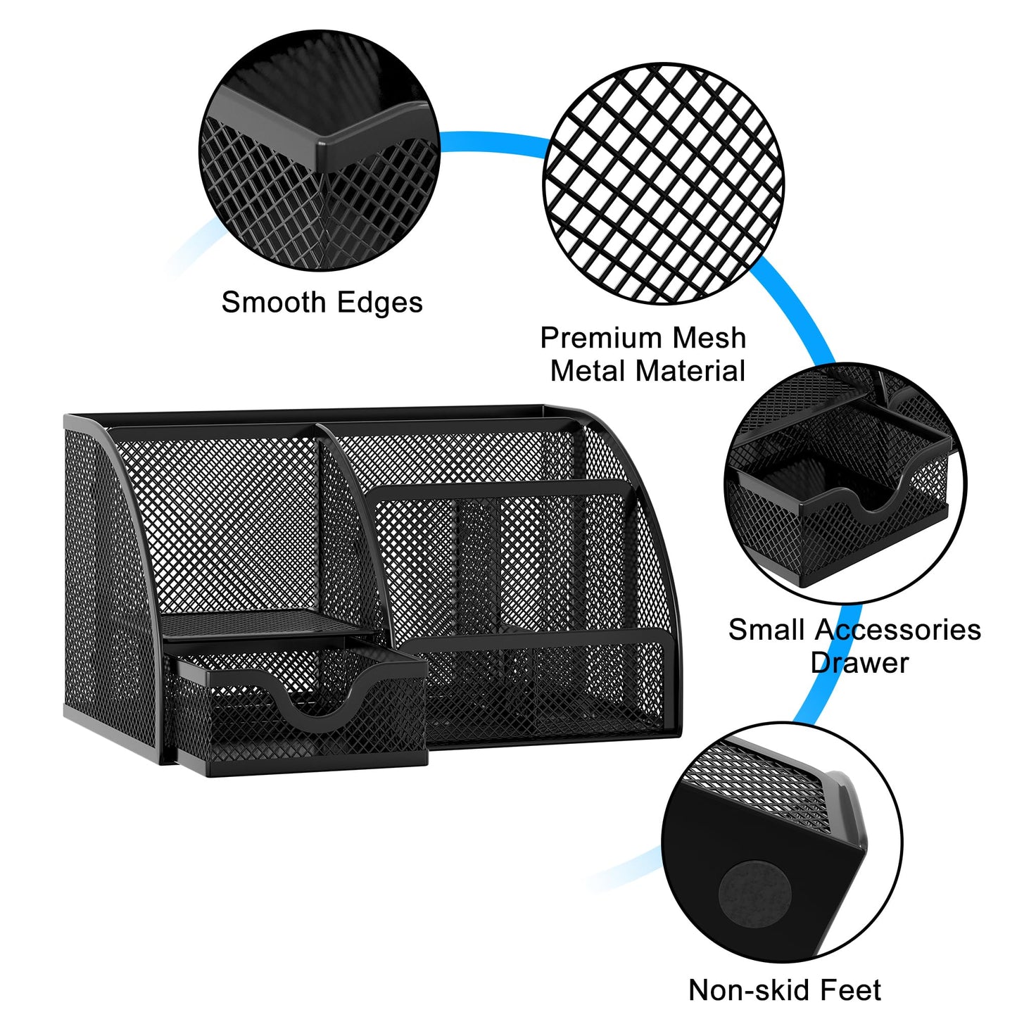 EasyPAG Mesh Desk Organizer with Drawer Multi-functional Pen Holder Stationery Organizer for Office School Supplies 6 Compartments Dorm Organizers and Storage for Desk, Black