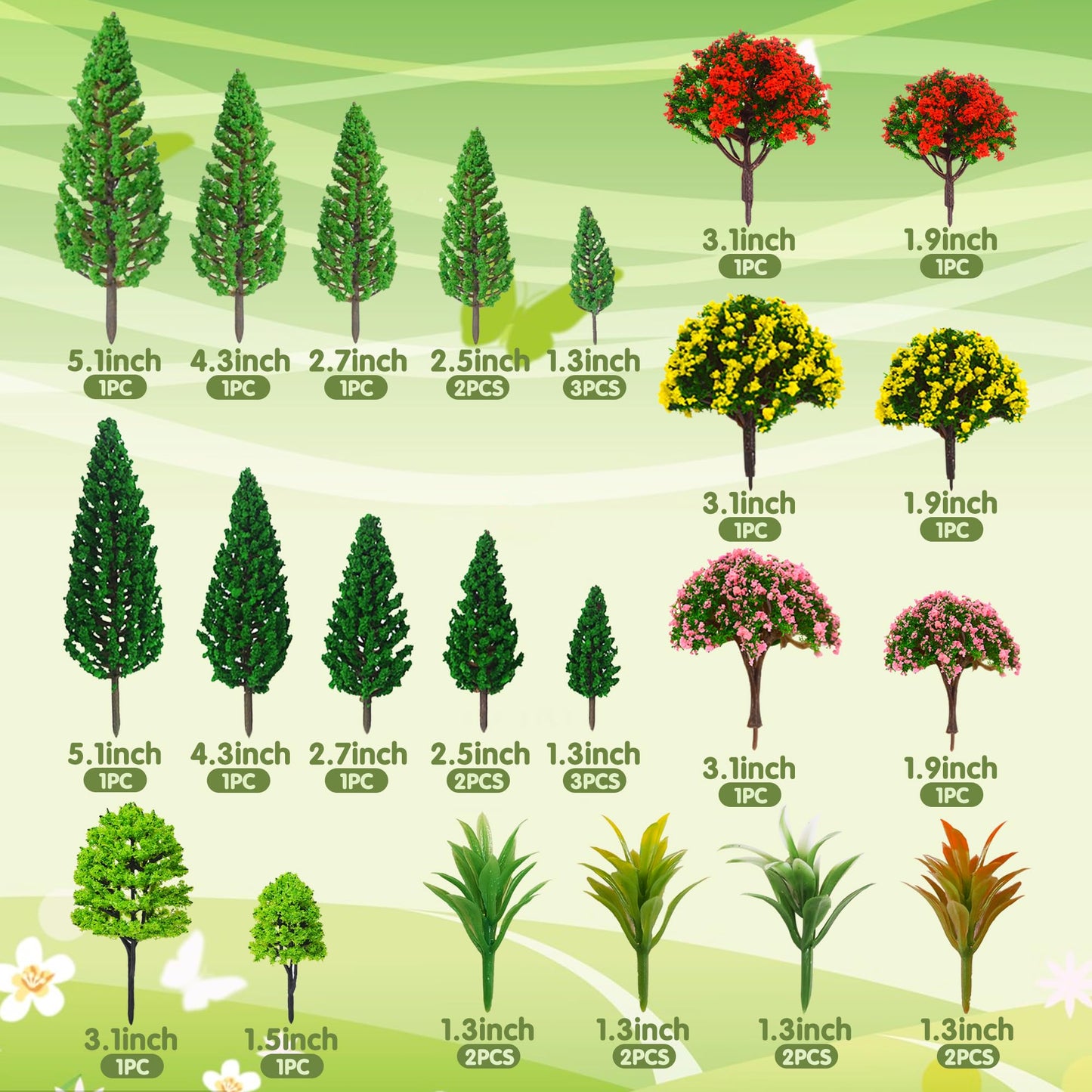 MOMOONNON 32pcs Model Trees 1.1-5.1inch Mixed Diorama Model Tree Colourful Flower Trees Grass Architecture Mini Trees for Crafts Building Model Railway Scenery Landscape Supplies (Style 01)