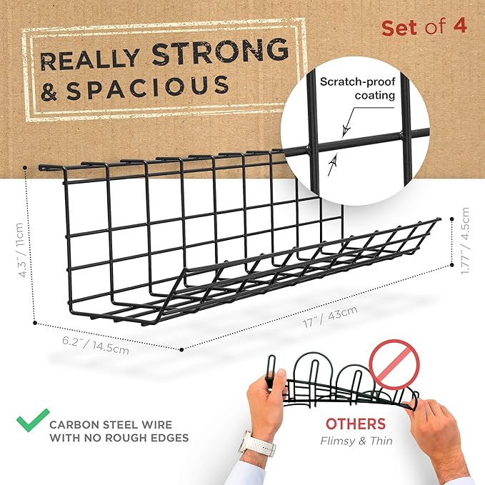 Under Desk Cable Tray, Cord Organizer for Wire, Cord Management, Under Desk, Wire Holders - Black Tray - Set of 4X 17