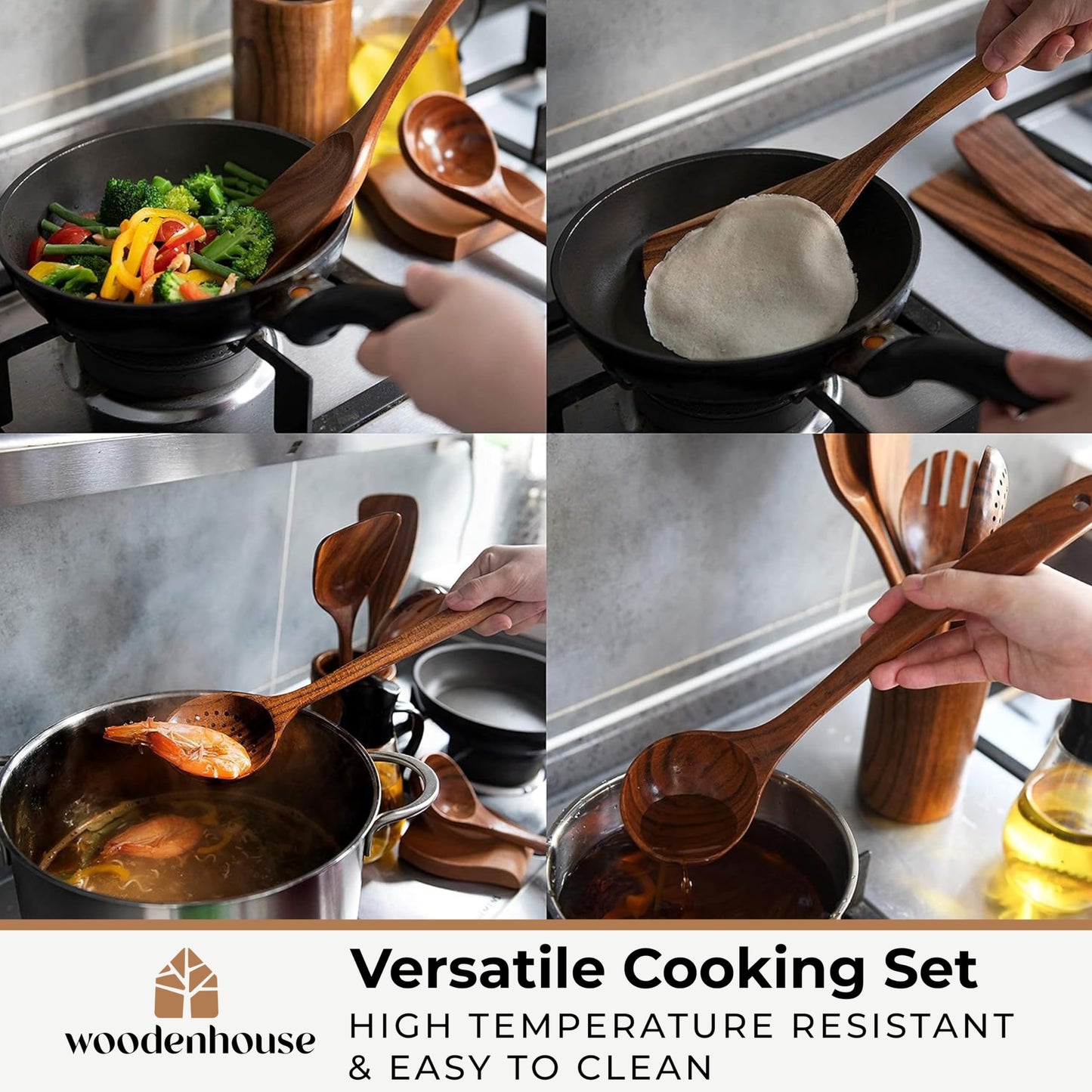 Wooden Spoons for Cooking – 12 Pcs Teak Wooden Utensil Set, Cooking Utensils Set with Holder, Hooks & Spoon Rest - Heat Resistant, Durable, Nonstick Safe Kitchen Cookware