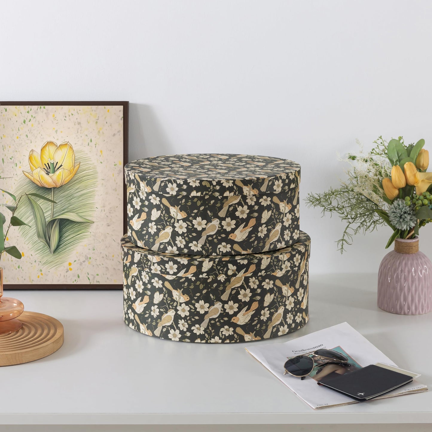Soul & Lane Large Oval Cardboard Decorative Storage Boxes with Lids - Midnight Blossom Serenade, Set of 2 Cardboard Boxes for Flowers and Gifts, Nesting Memory Containers for Keepsakes and Organizing