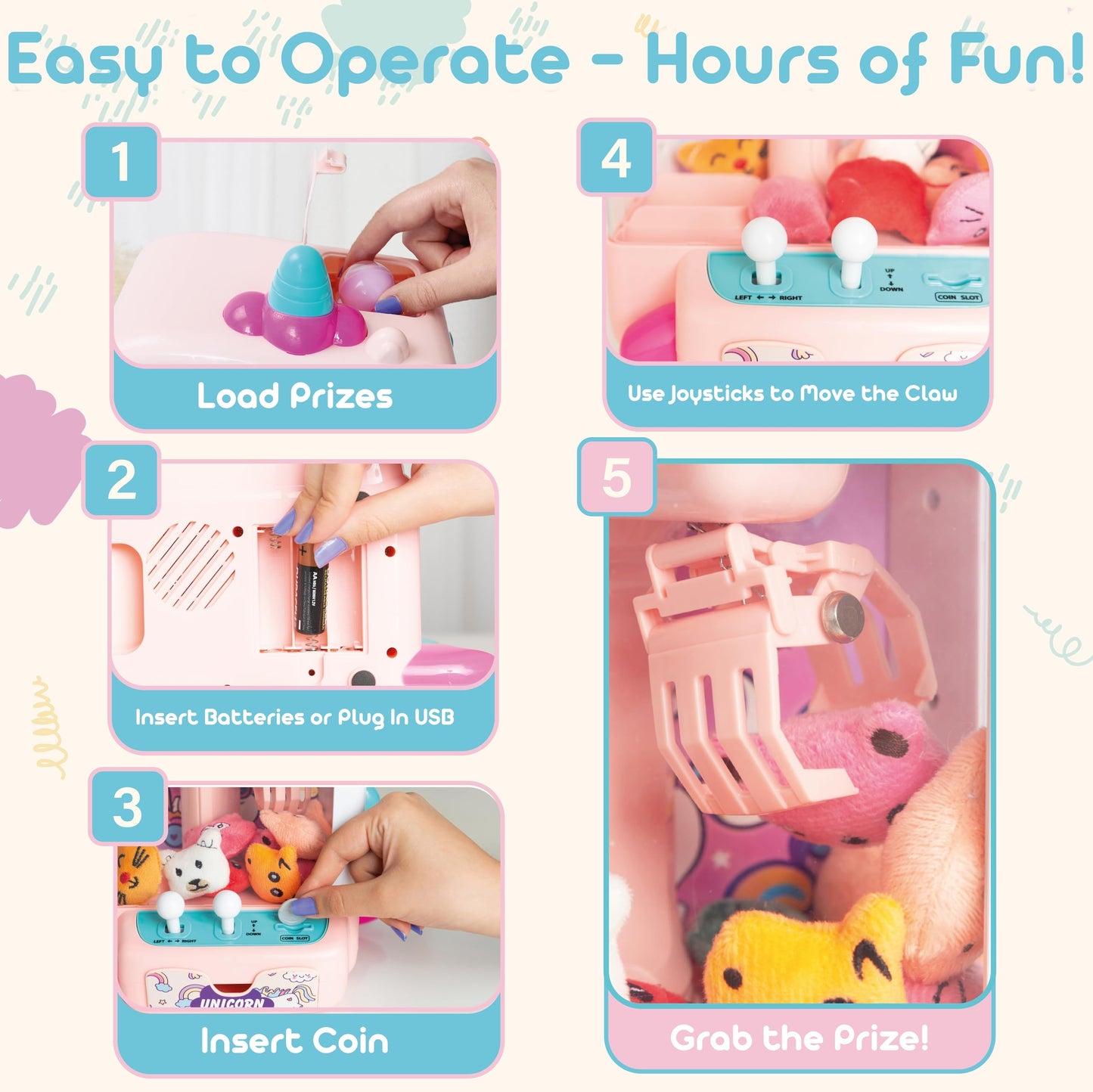 Claw Machine for Kids - Mini Arcade Game - Vending Machine - Candy Grabber Toys - Silent Mode, Lights, USB - Plush Toys & Easter Eggs, Surprise Stickers - Fun Gift for Kids, Boys & Girls (Unicorn)